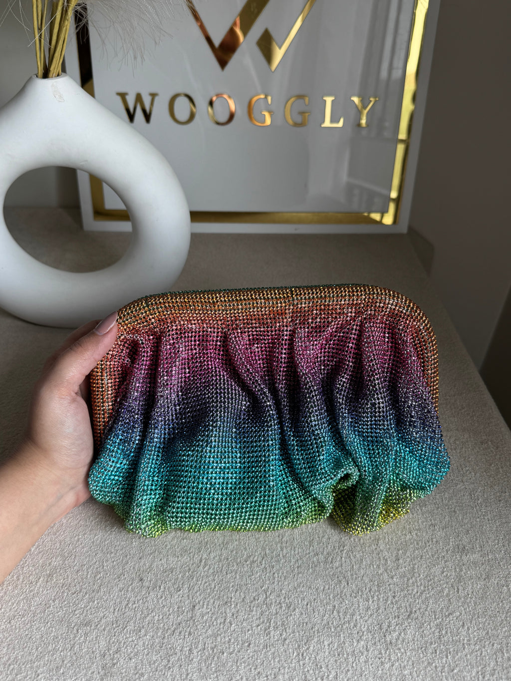 Viral High Quality Rhinestone Clutch with Chain - Rainbow Ombre