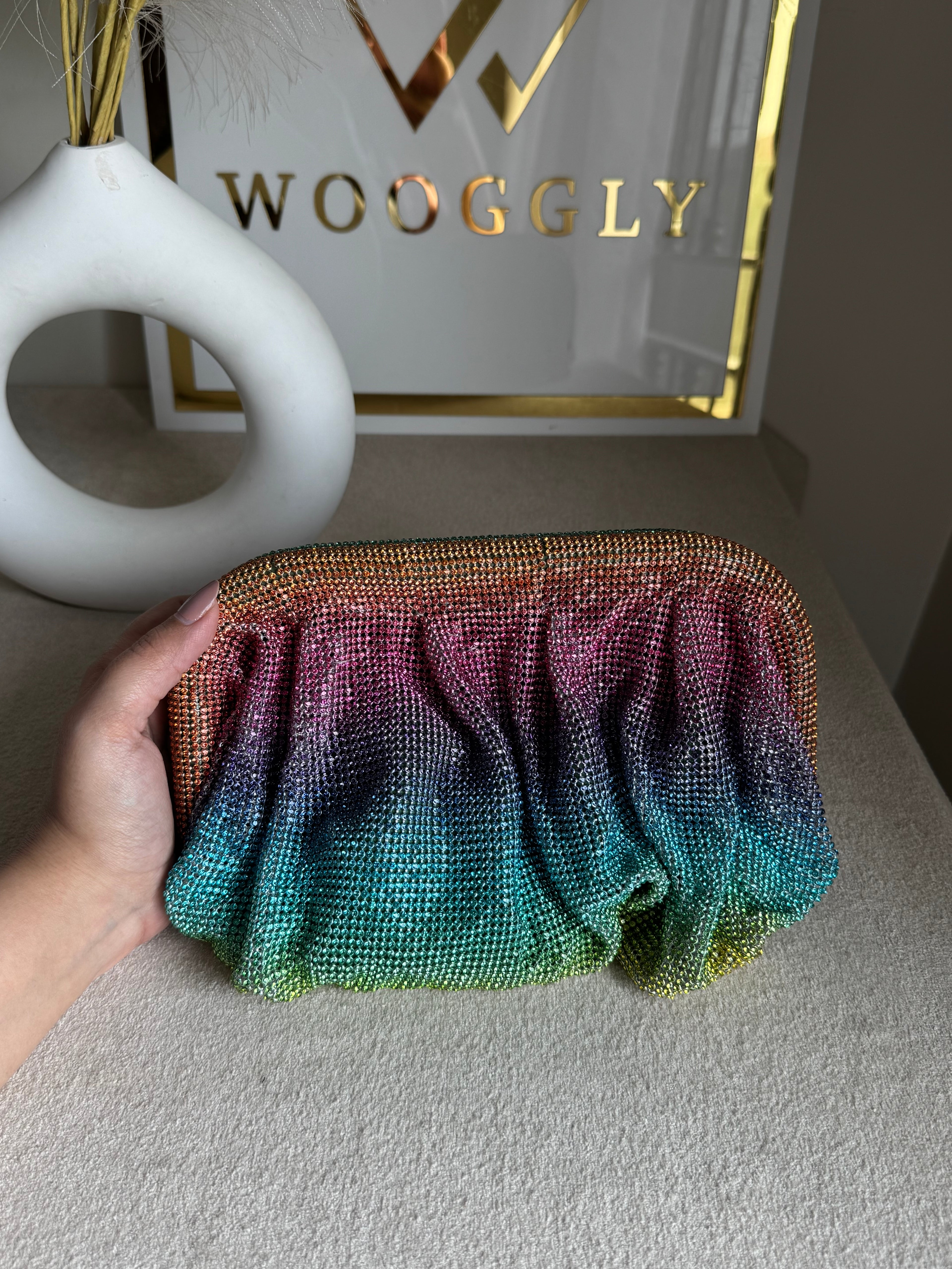 Viral High Quality Rhinestone Clutch with Chain - Rainbow Ombre