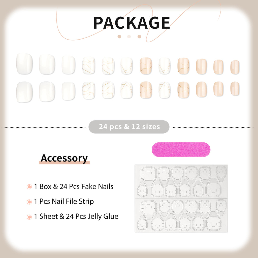 White Marble Press On Nails - 24 Pieces Complete Kit