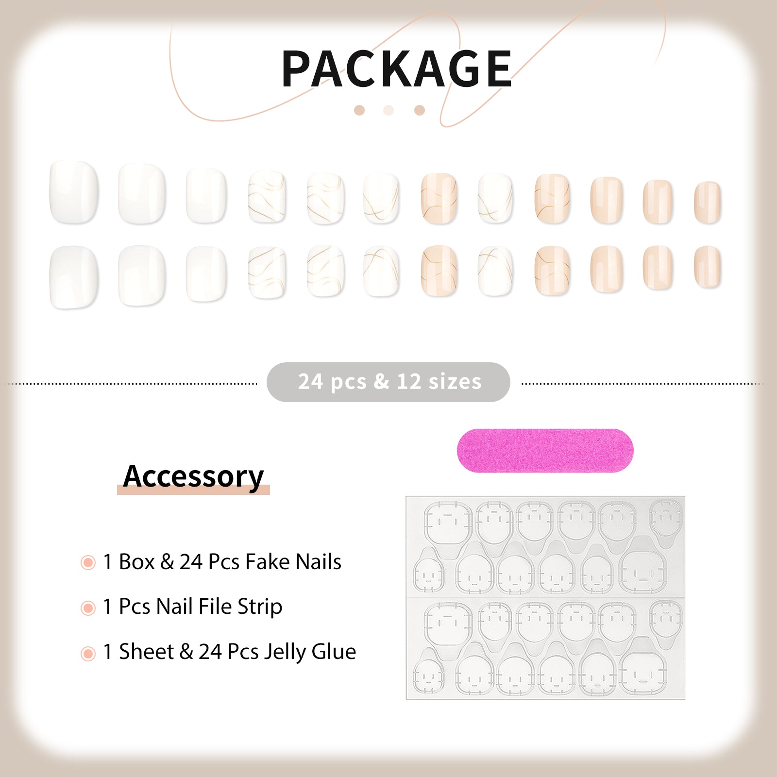 White Marble Press On Nails - 24 Pieces Complete Kit