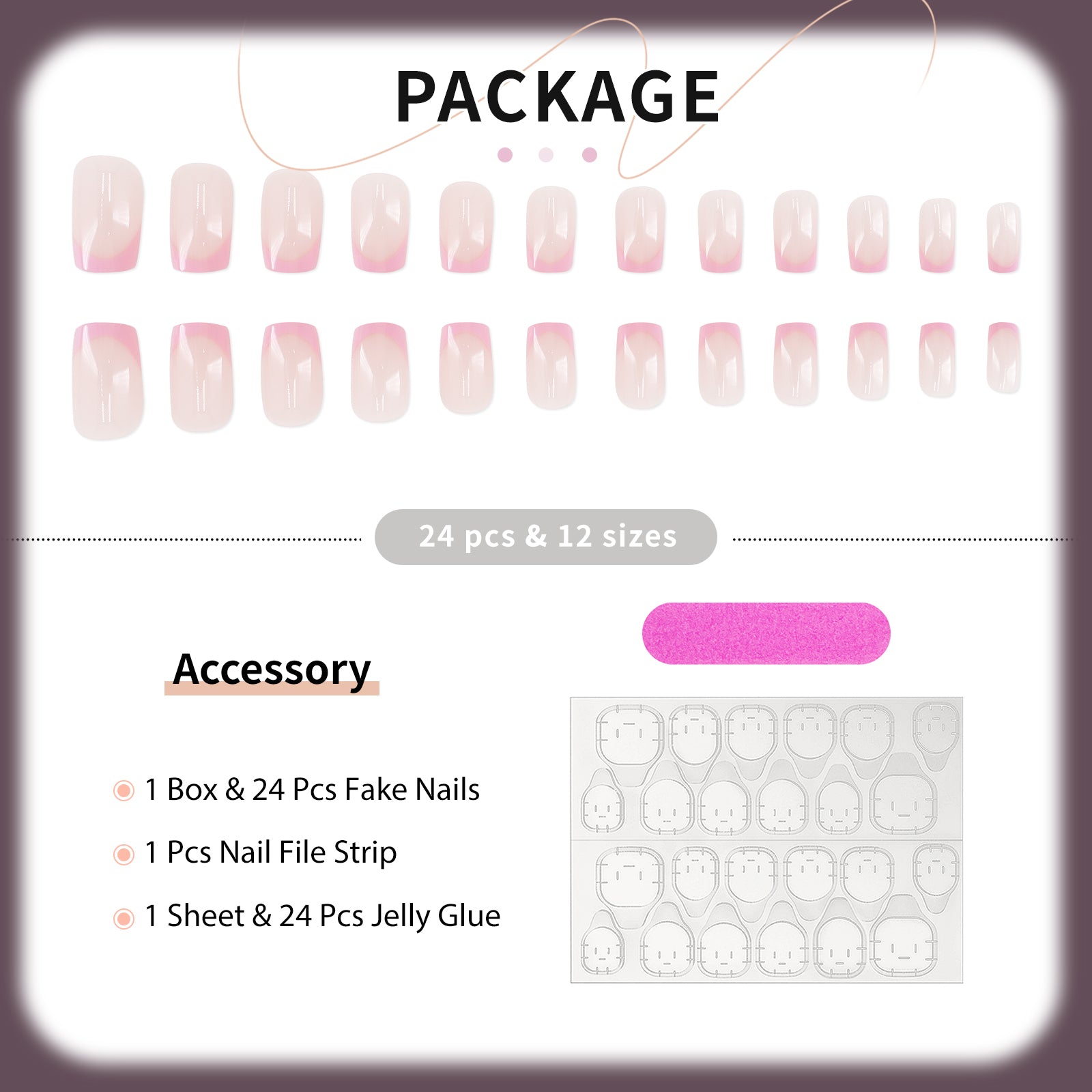 Pretty Pink Press On Nails - 24 Pieces Complete Kit
