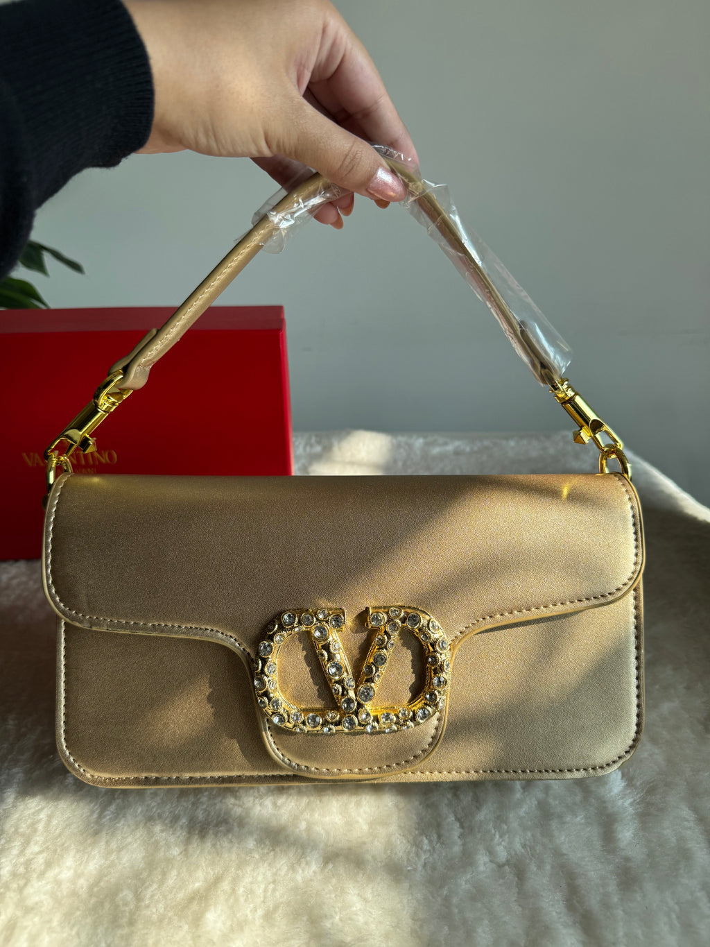 Valentino Loco with Jewel Logo PREMIUM Handbag with Box Packing - Champagne