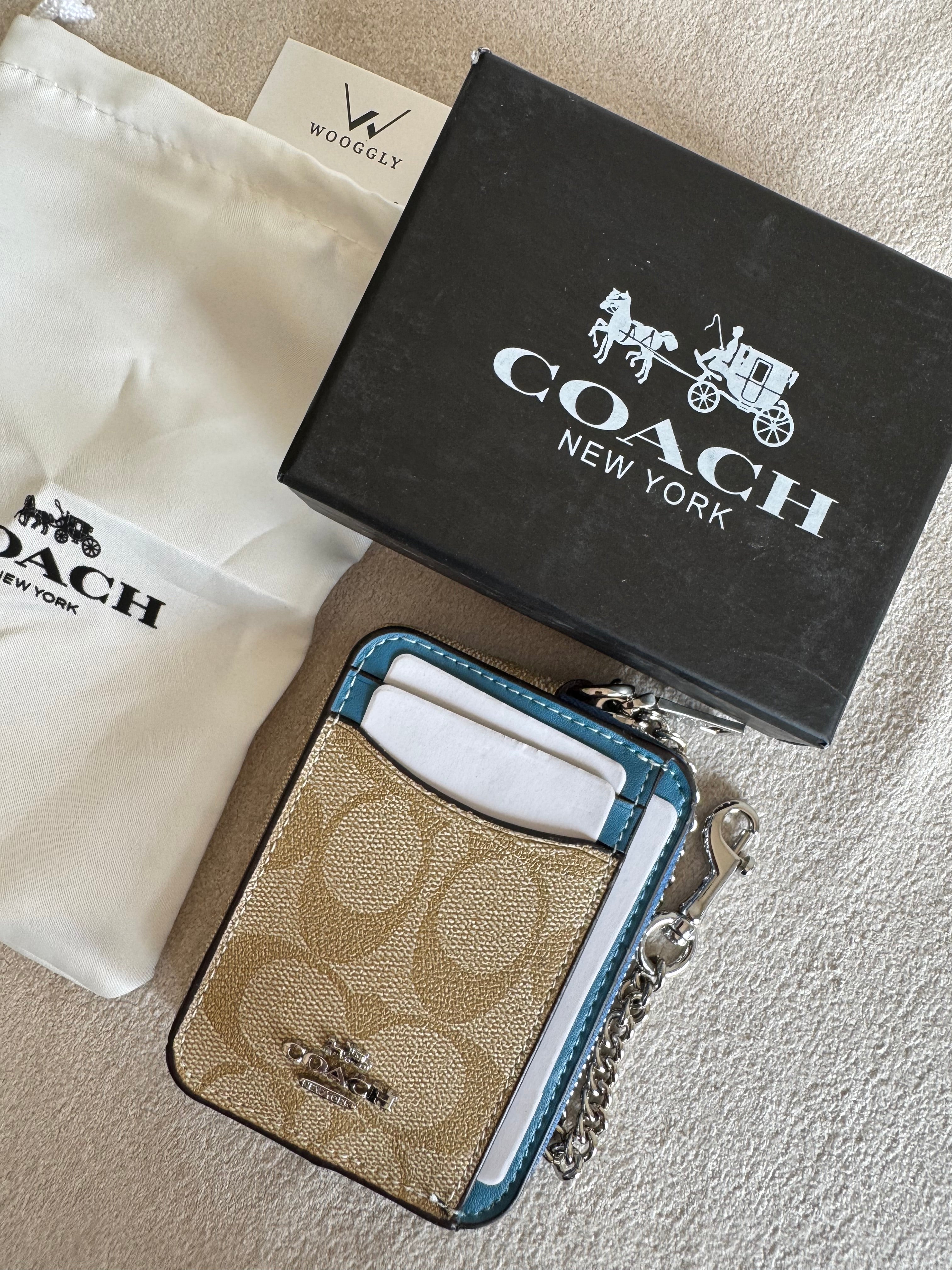 Coach Zip Card Case with Box Packing - Signature Beige with Blue