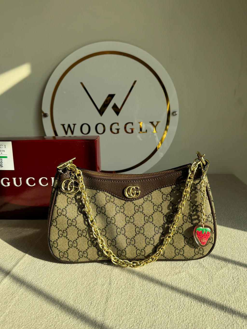 GUCCI Sling with Long Strap & Strawberry Charm - Signature Brown with Box Packing