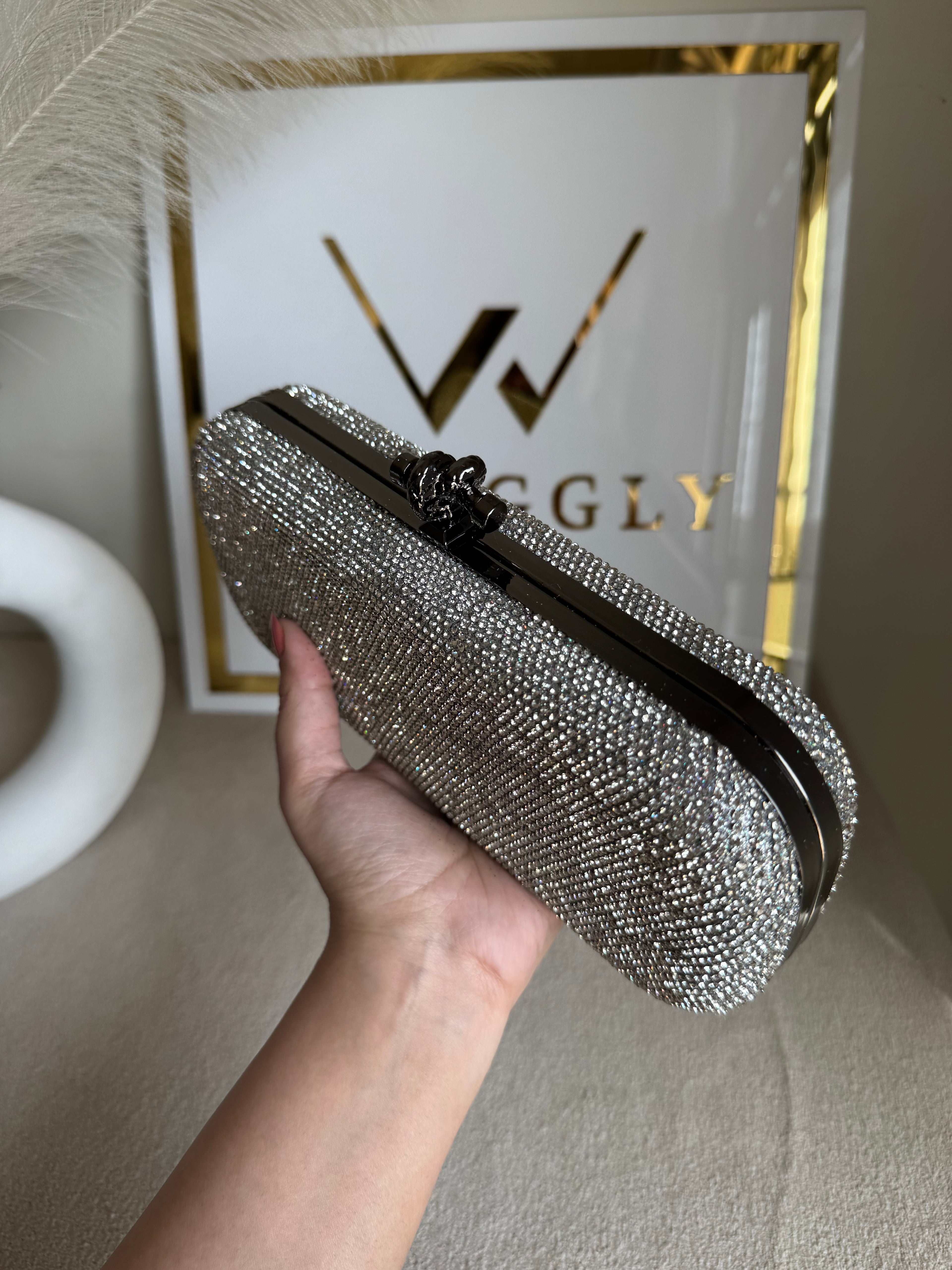 Bottega Shimmer Clutch Matte Top - Silver with Chain