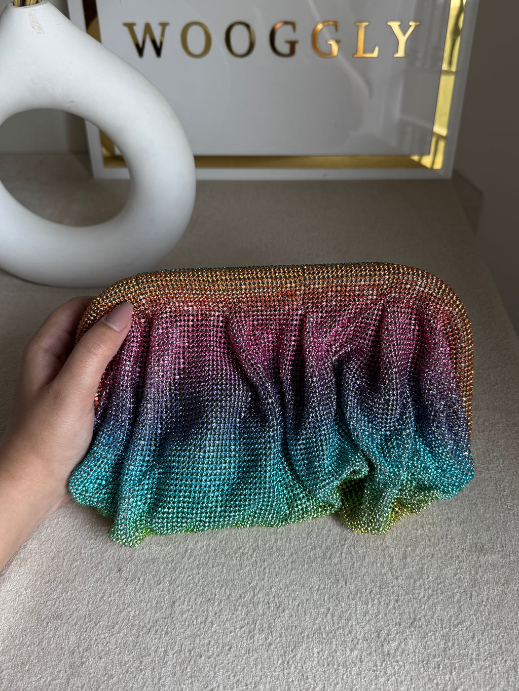 Viral High Quality Rhinestone Clutch with Chain - Rainbow Ombre