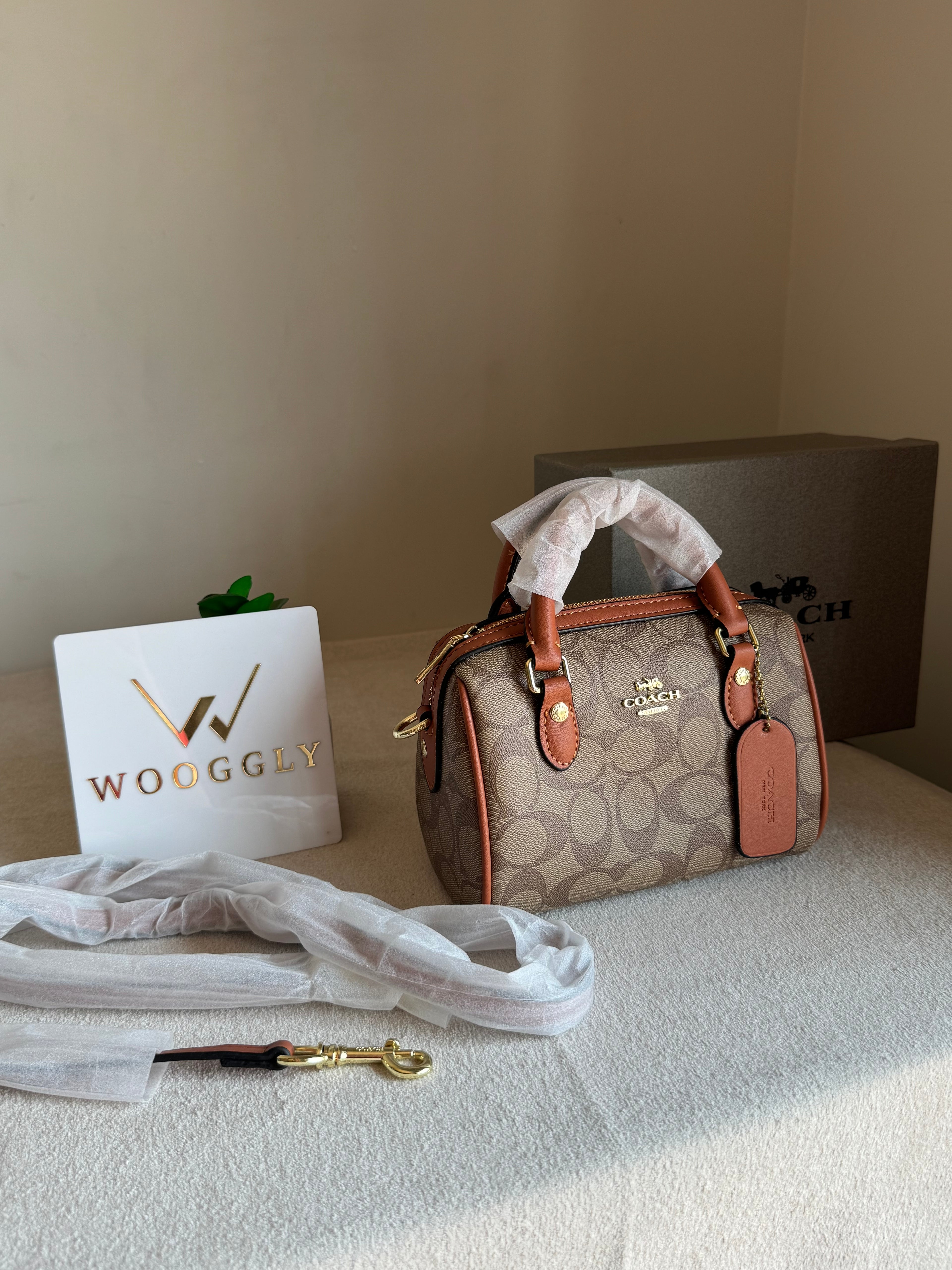 COACH Mini Duffle Bag PREMIUM with Long Strap Apricot Brown - BOX PACKING