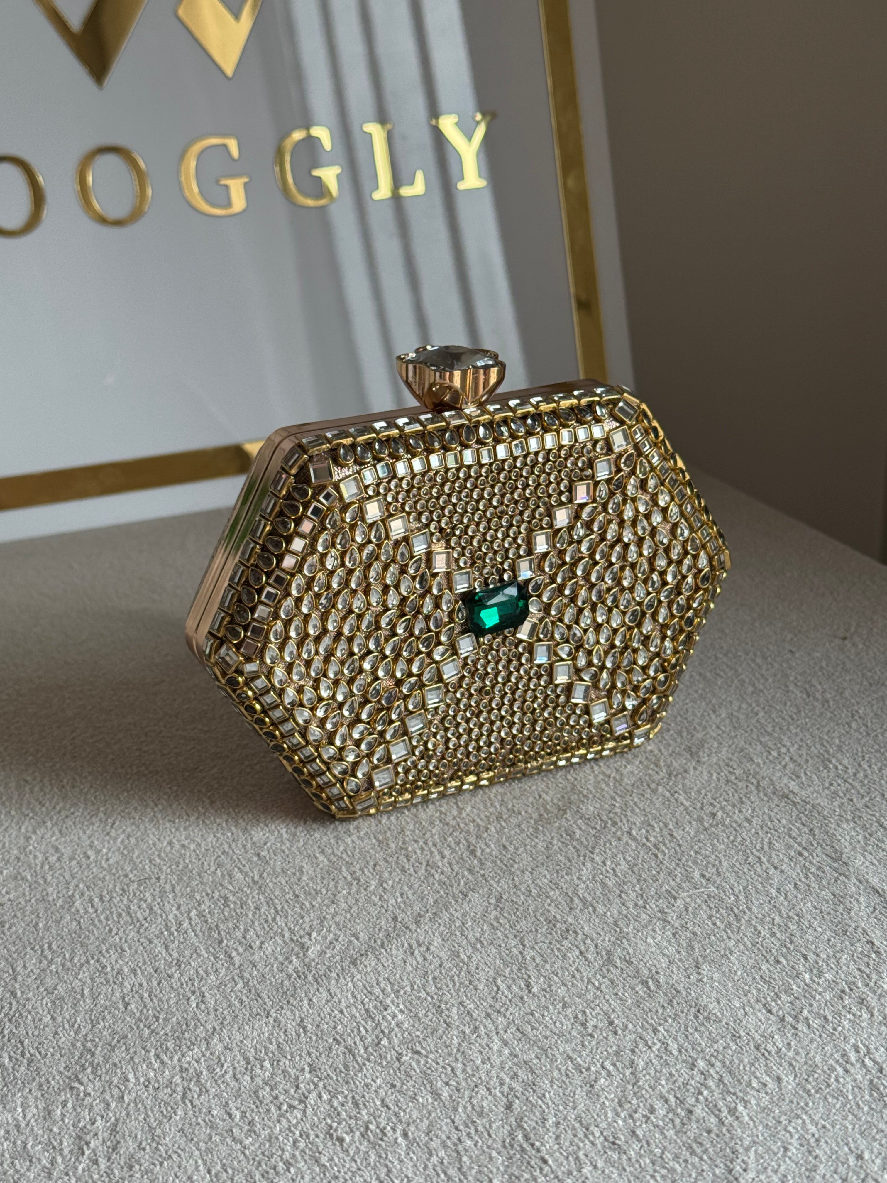 Gulnaar Kundan Clutch - Green Stone