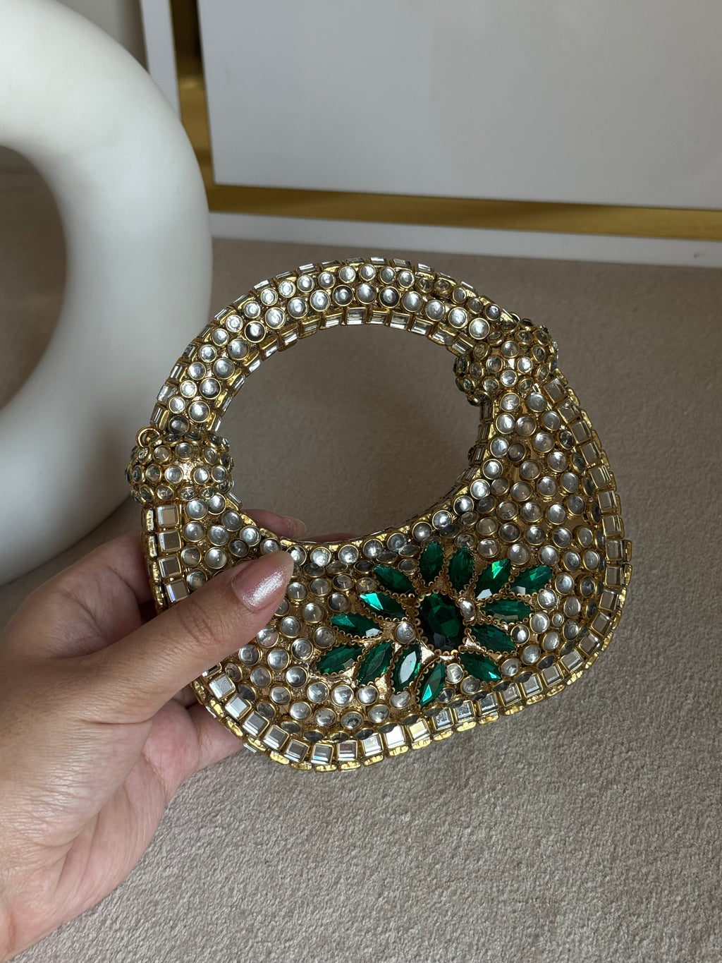 Kundan Classic Moon Clutch with Green Stone Embellishment