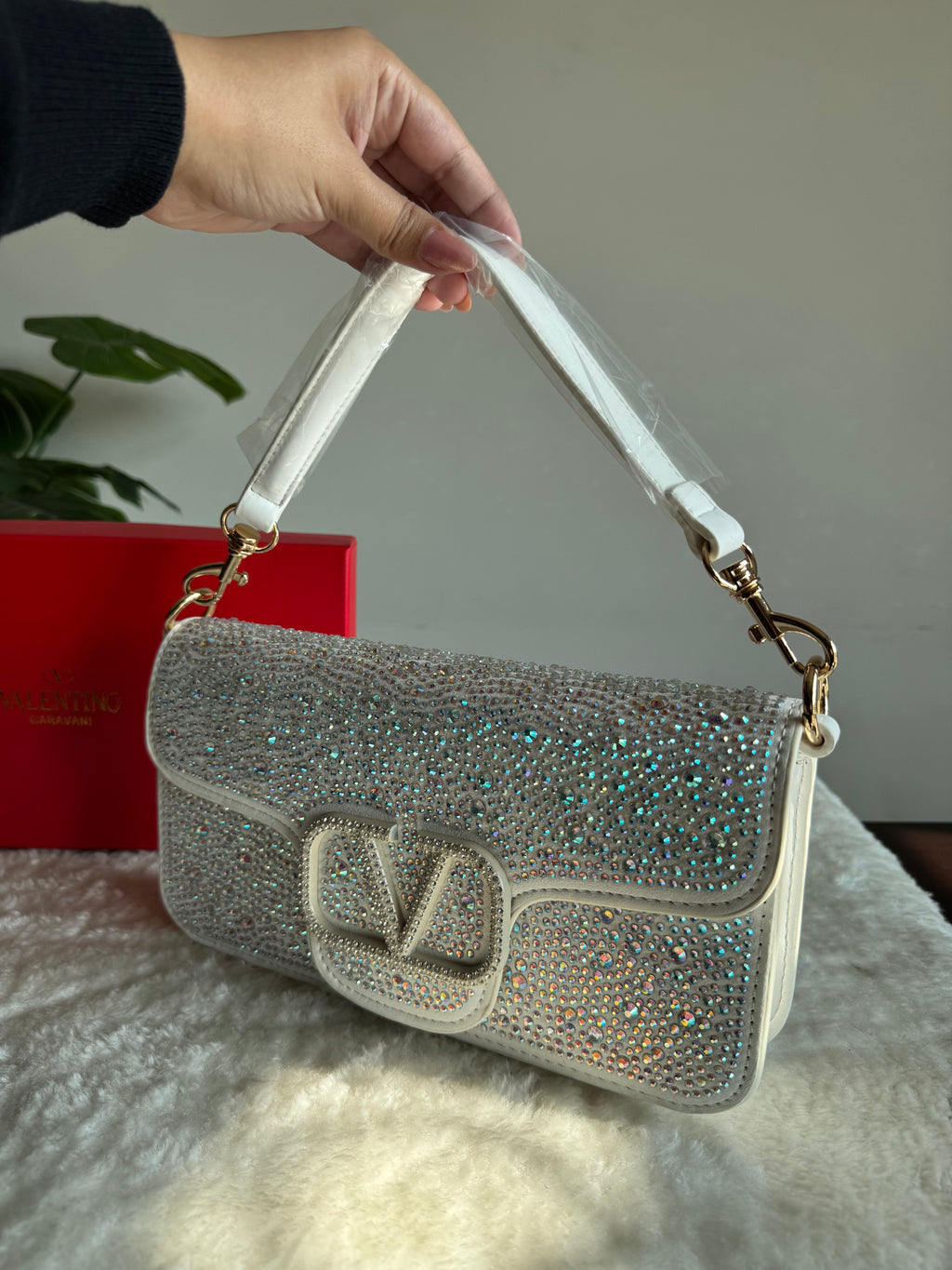 Valentino Loco Rhinestone PREMIUM Handbag with Box Packing - White & Silver