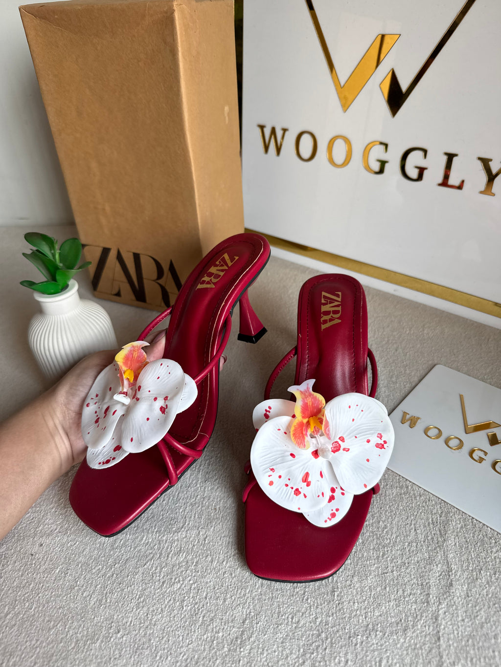 Zara Flower Heels MAROON - with Brand Box
