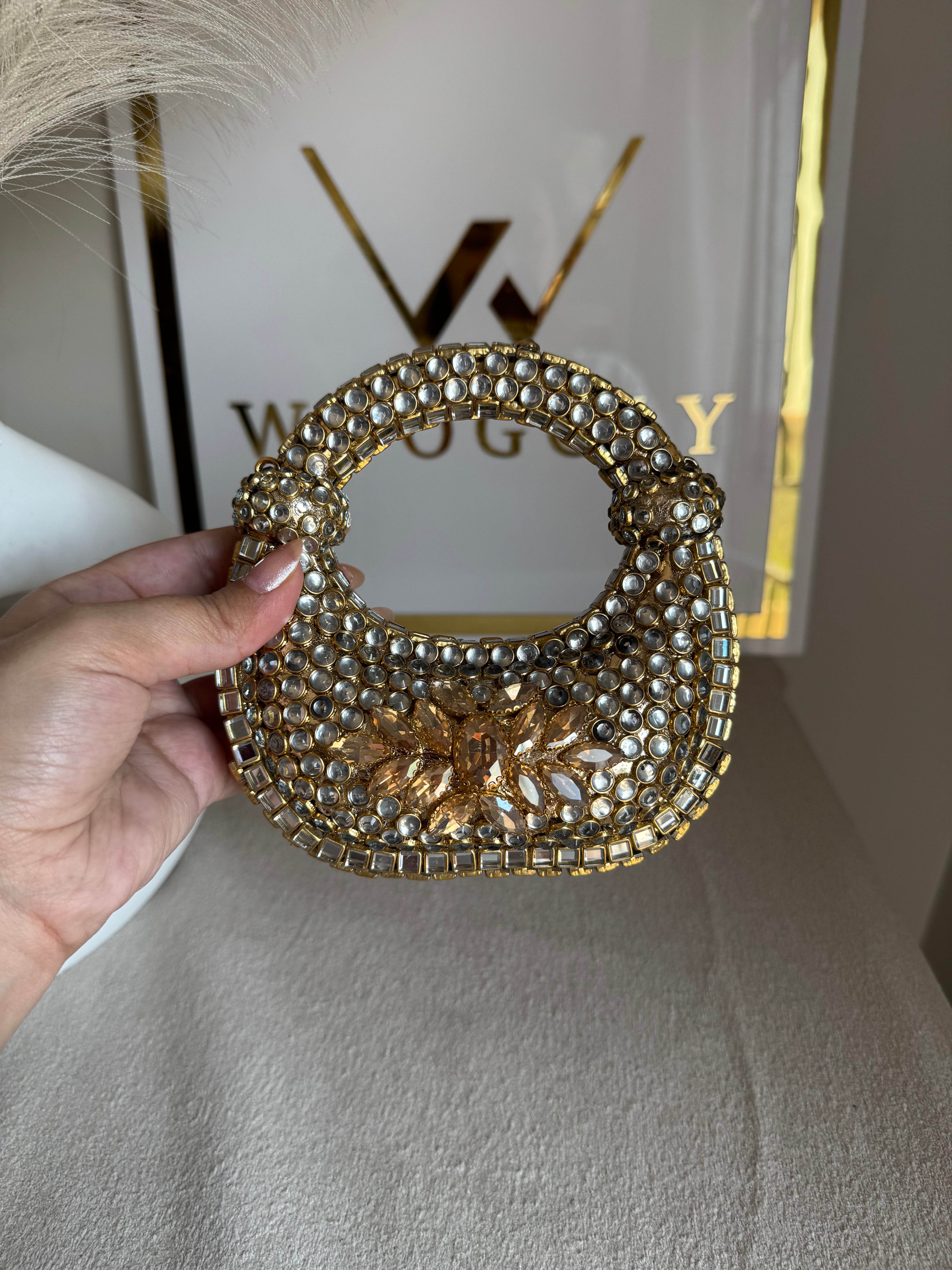 Kundan Classic Moon Clutch with Champagne Stone Embellishment