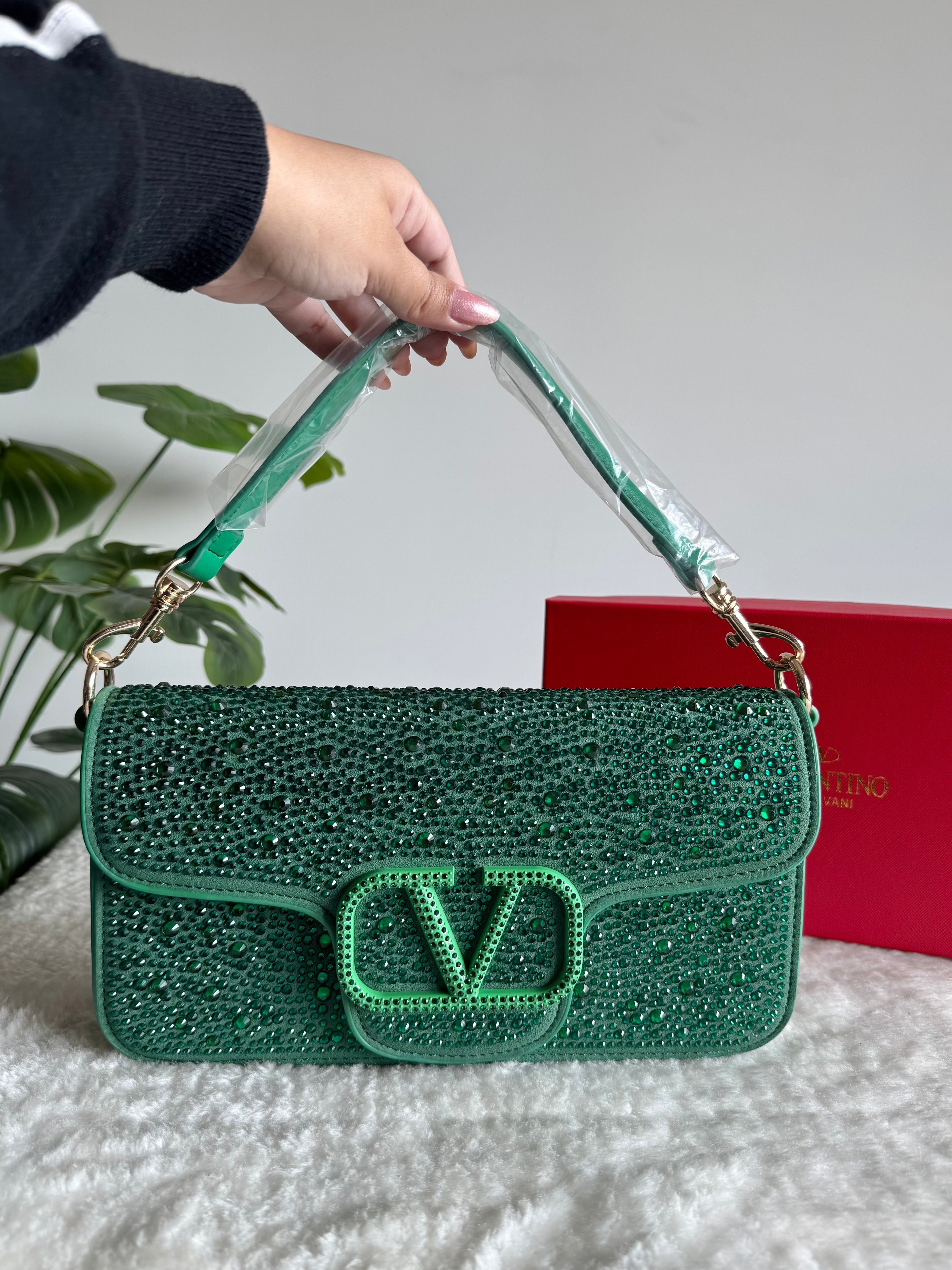 Valentino Loco Rhinestone PREMIUM Handbag with Box Packing - Emerald Green