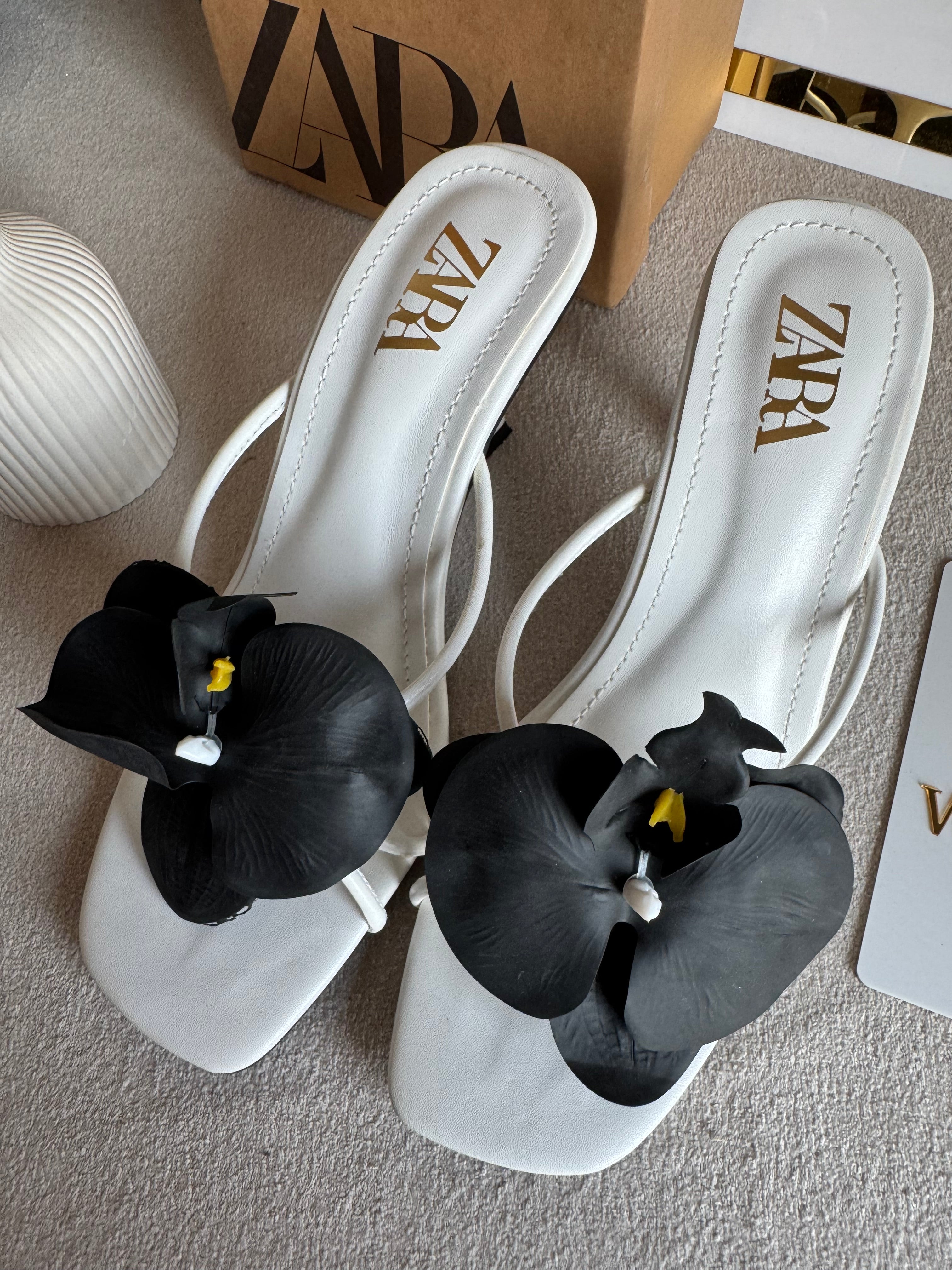 Zara Flower Heels WHITE WITH BLACK with Brand Box