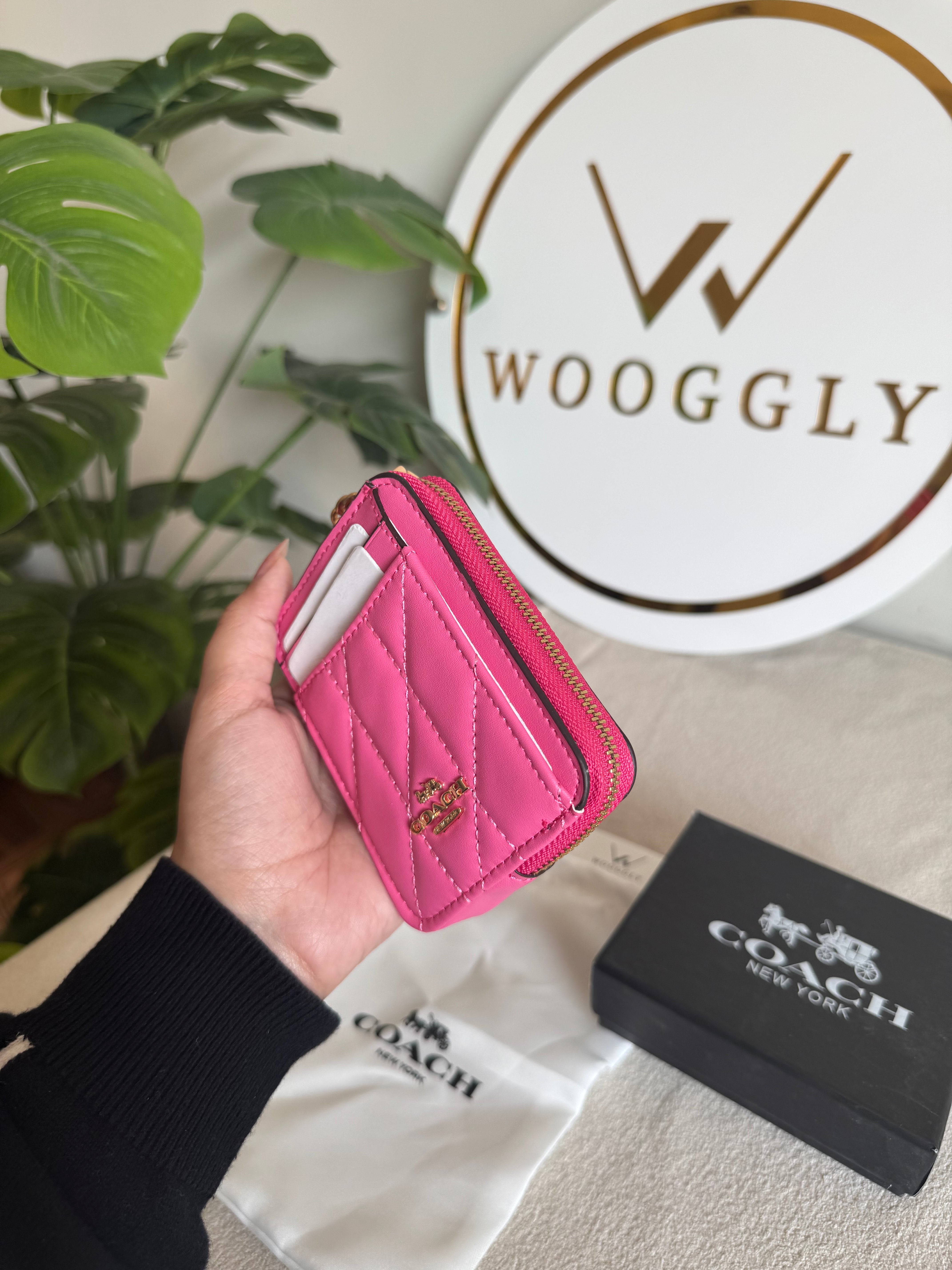 Coach Zip Card Case with Box Packing - Hot Pink