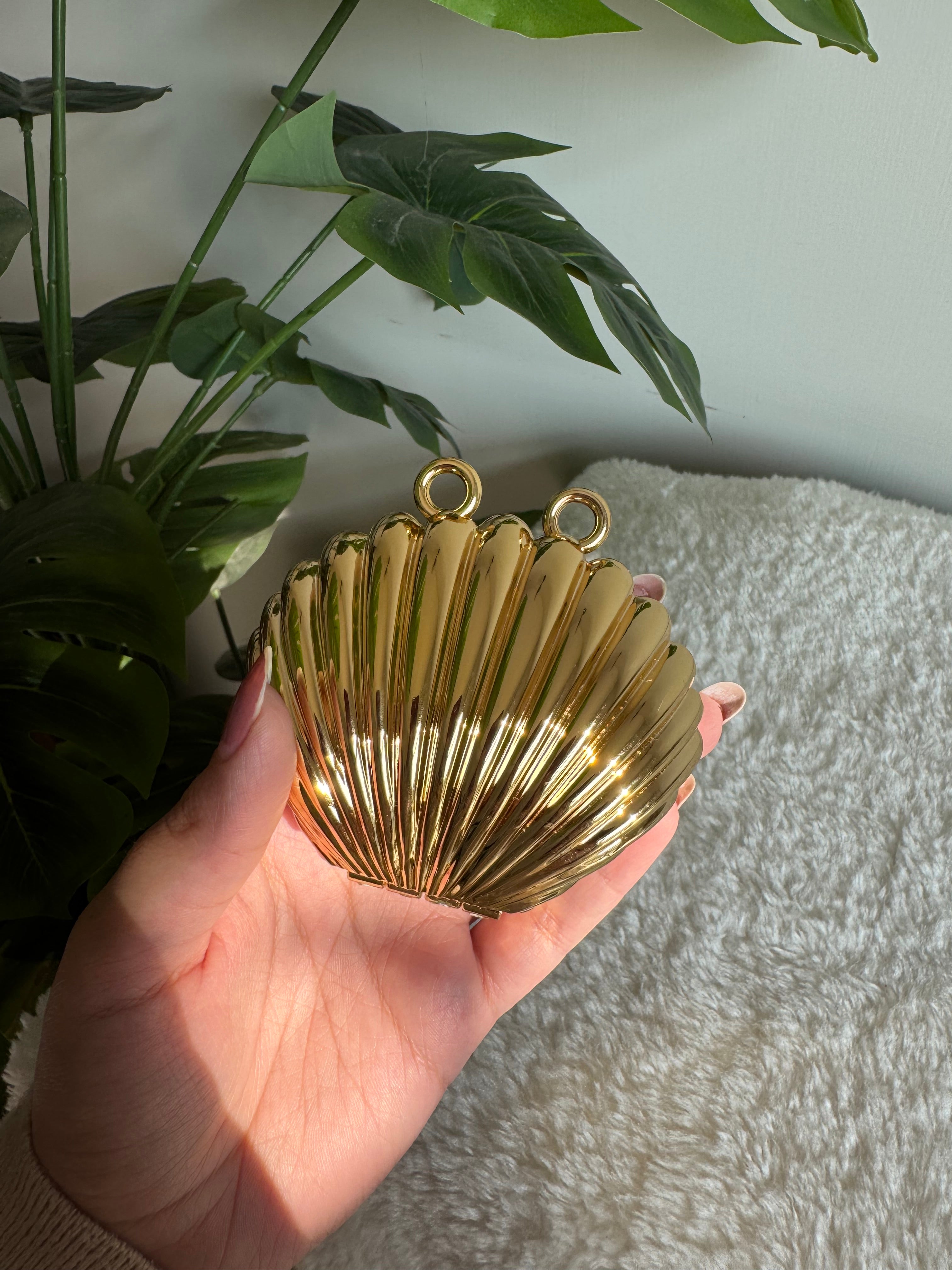 Shell Acrylic Clutch with Pearl Chain - Gold