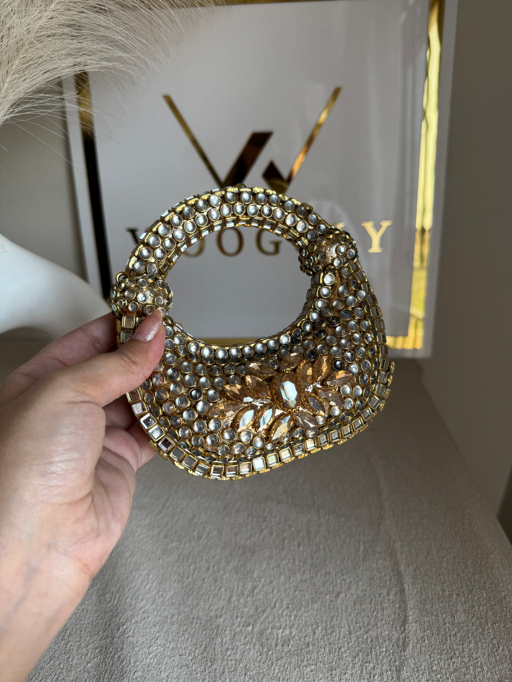 Kundan Classic Moon Clutch with Champagne Stone Embellishment