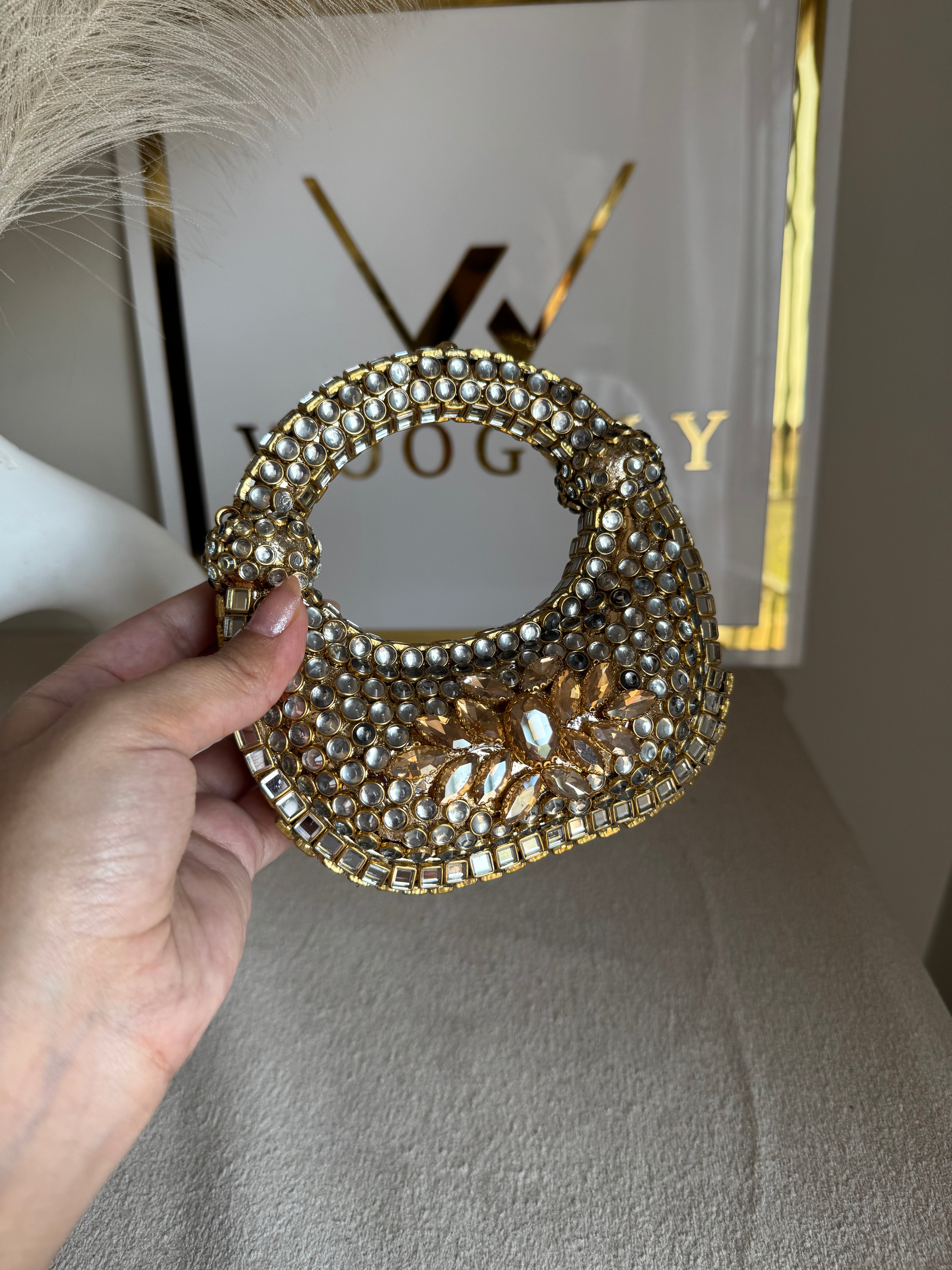 Kundan Classic Moon Clutch with Champagne Stone Embellishment