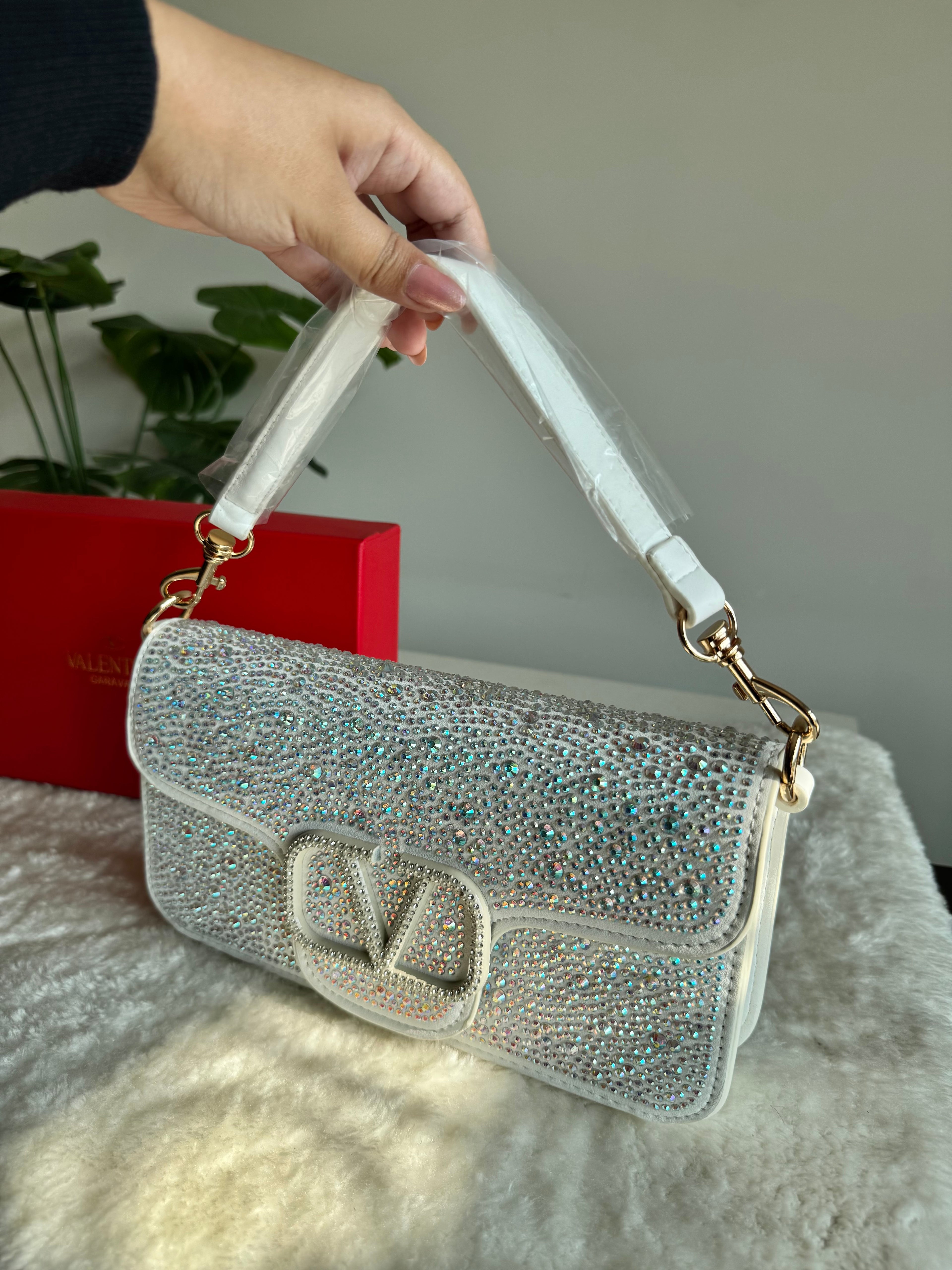 Valentino Loco Rhinestone PREMIUM Handbag with Box Packing - White & Silver