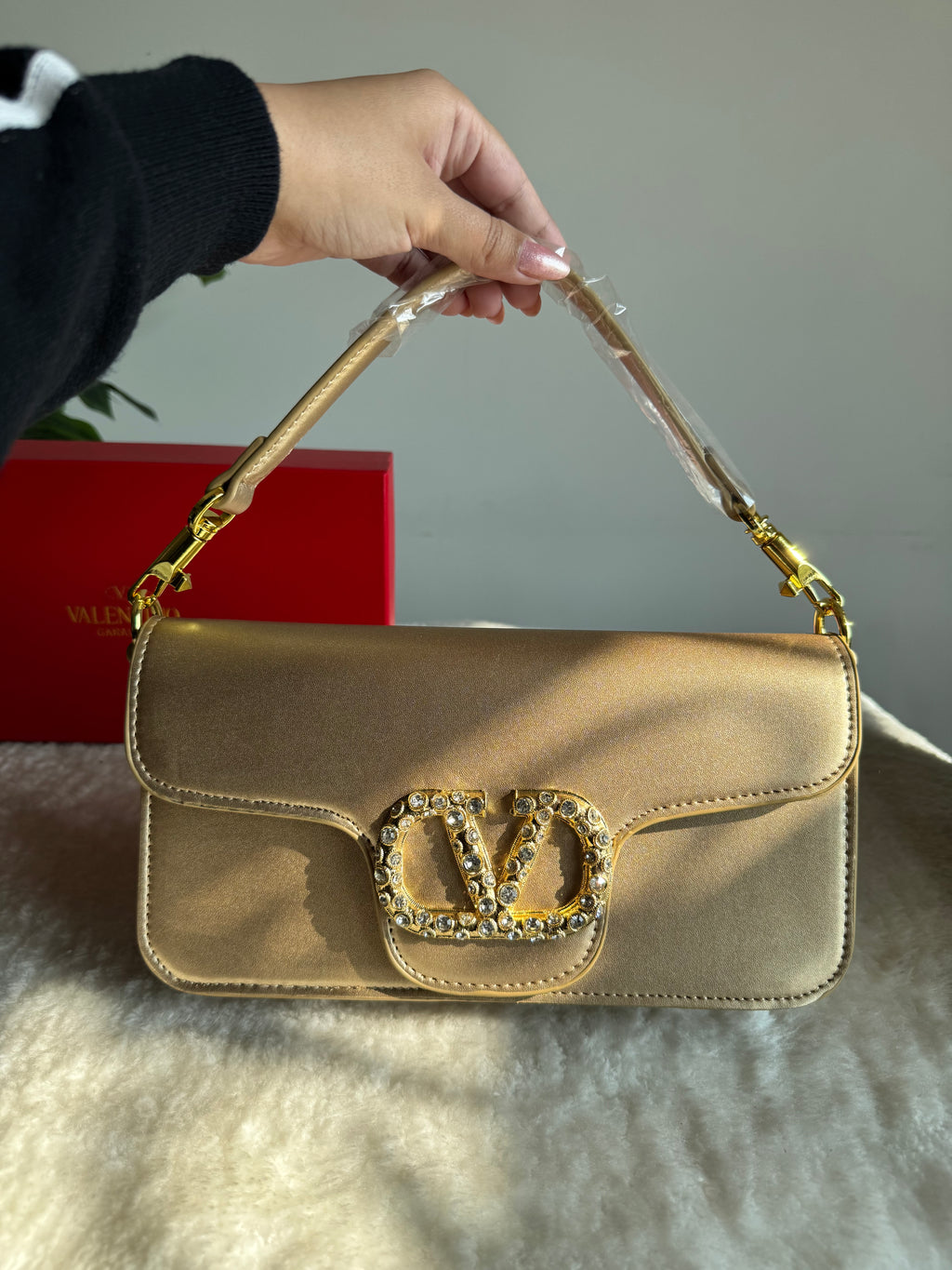 Valentino Loco with Jewel Logo PREMIUM Handbag with Box Packing - Champagne