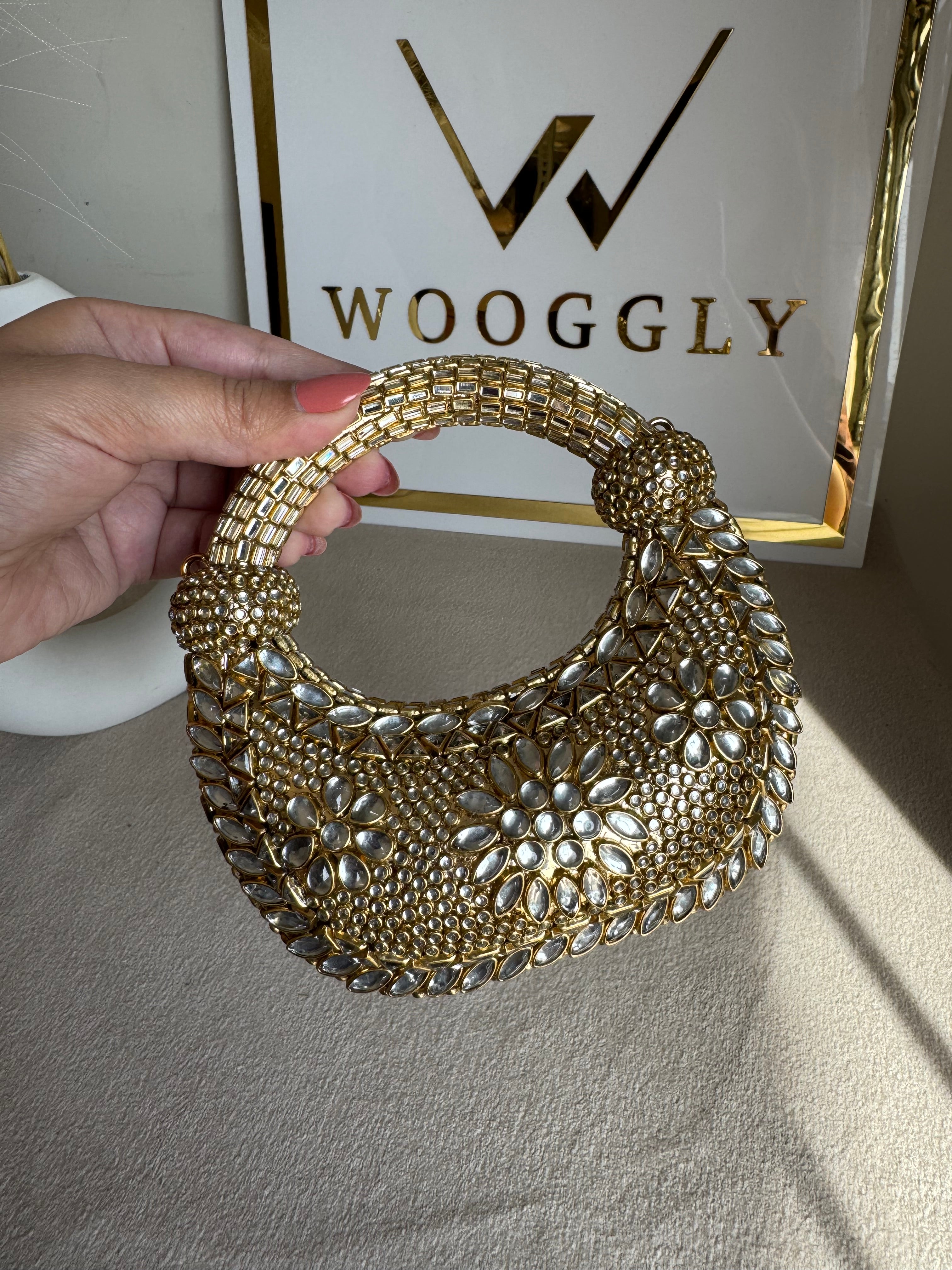 Kundan Classic Moon Clutch - Gold with Chain