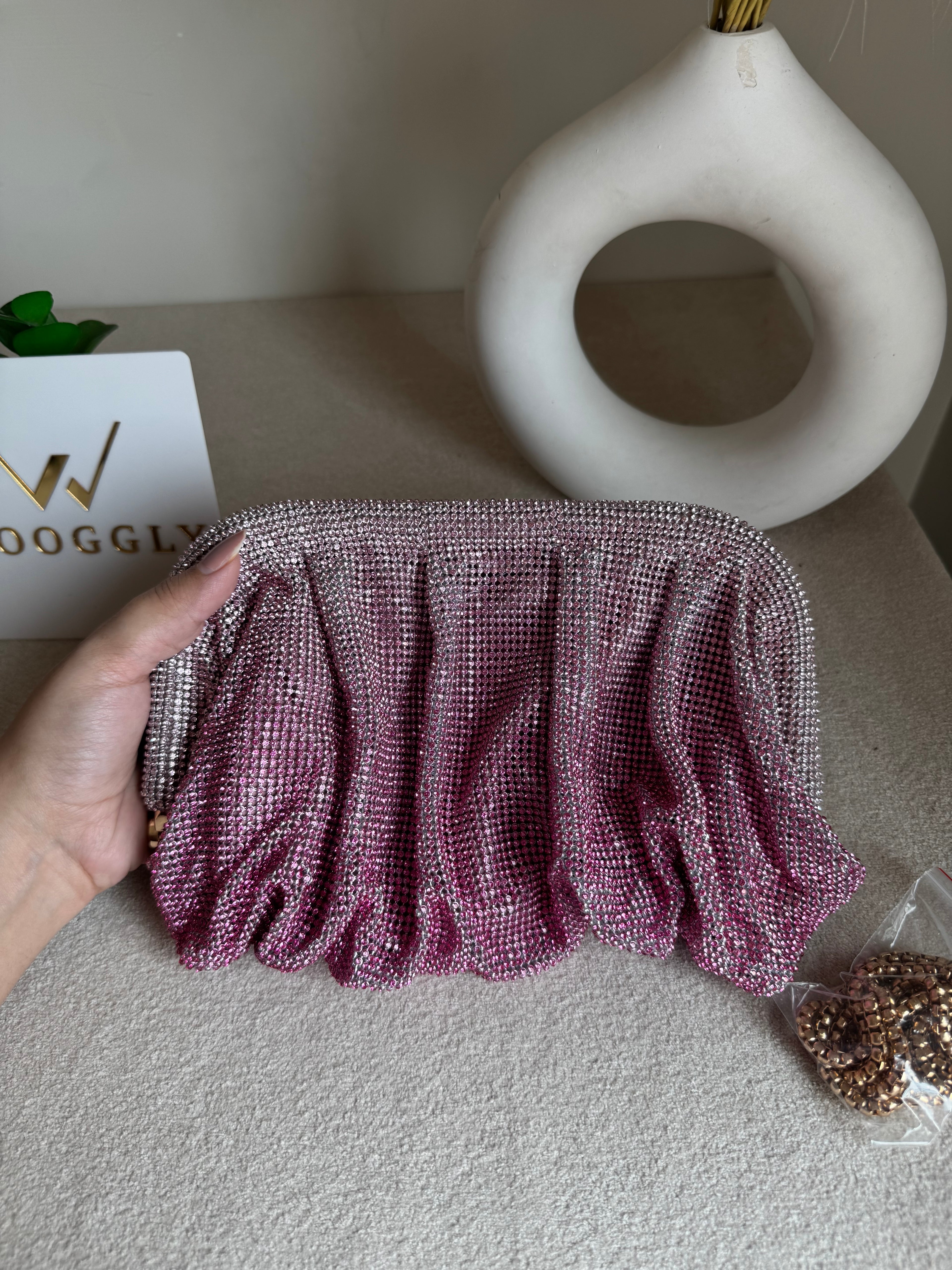 Viral High Quality Rhinestone Clutch with Chain - Pink