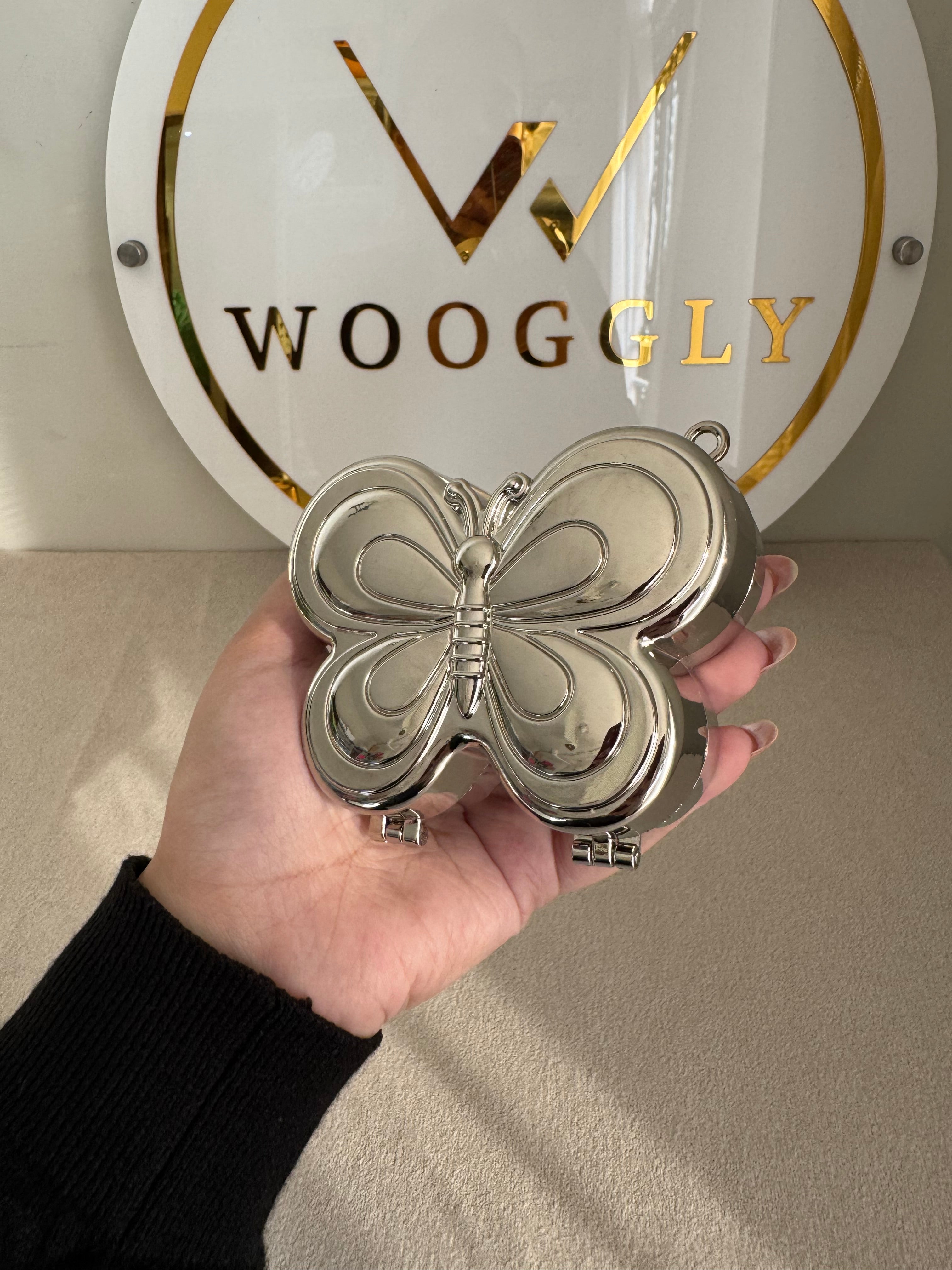 Metallic Butterfly Clutch with Chain - Mini Silver