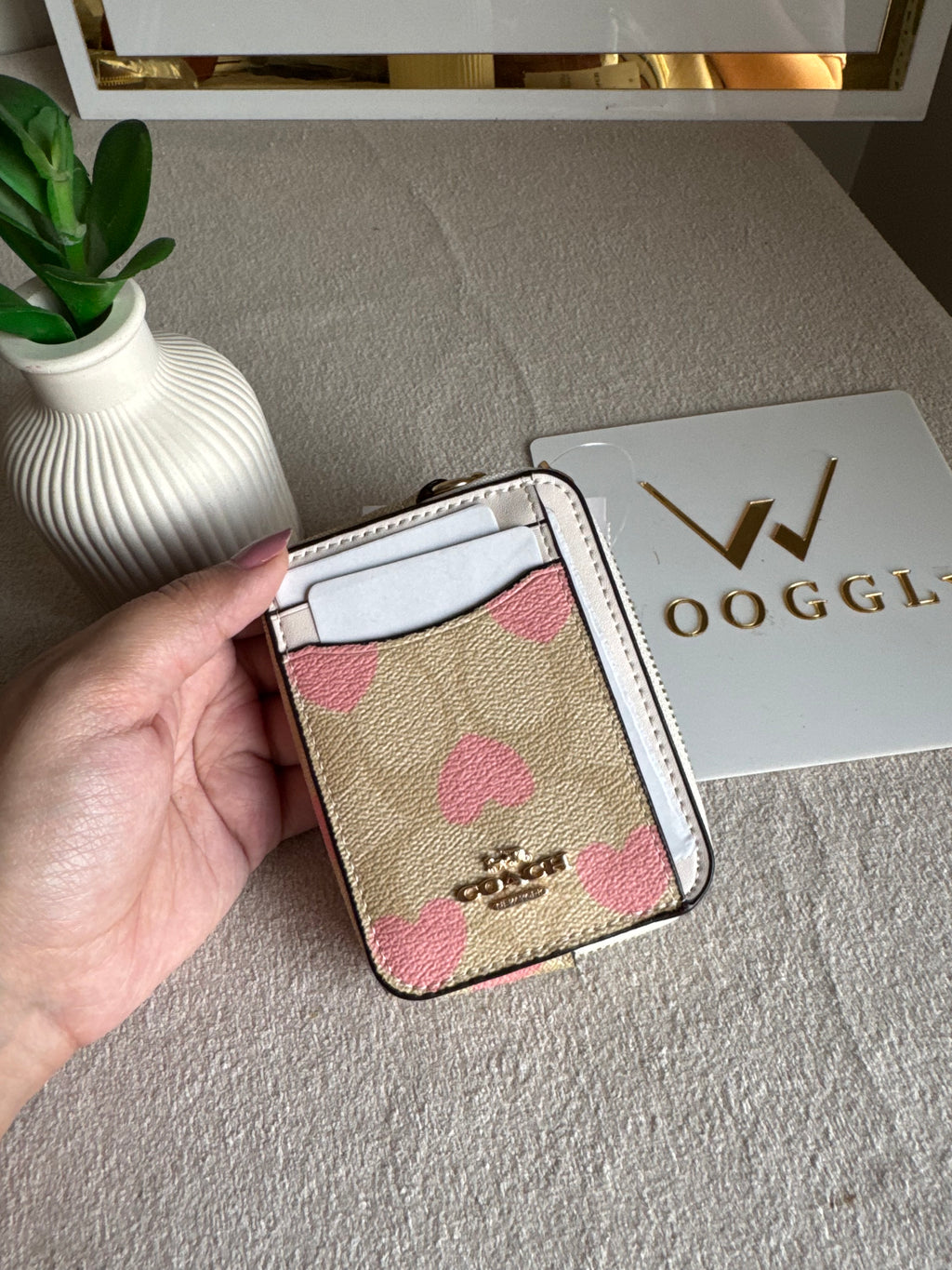 Coach Zip Card Case - Beige with Hearts
