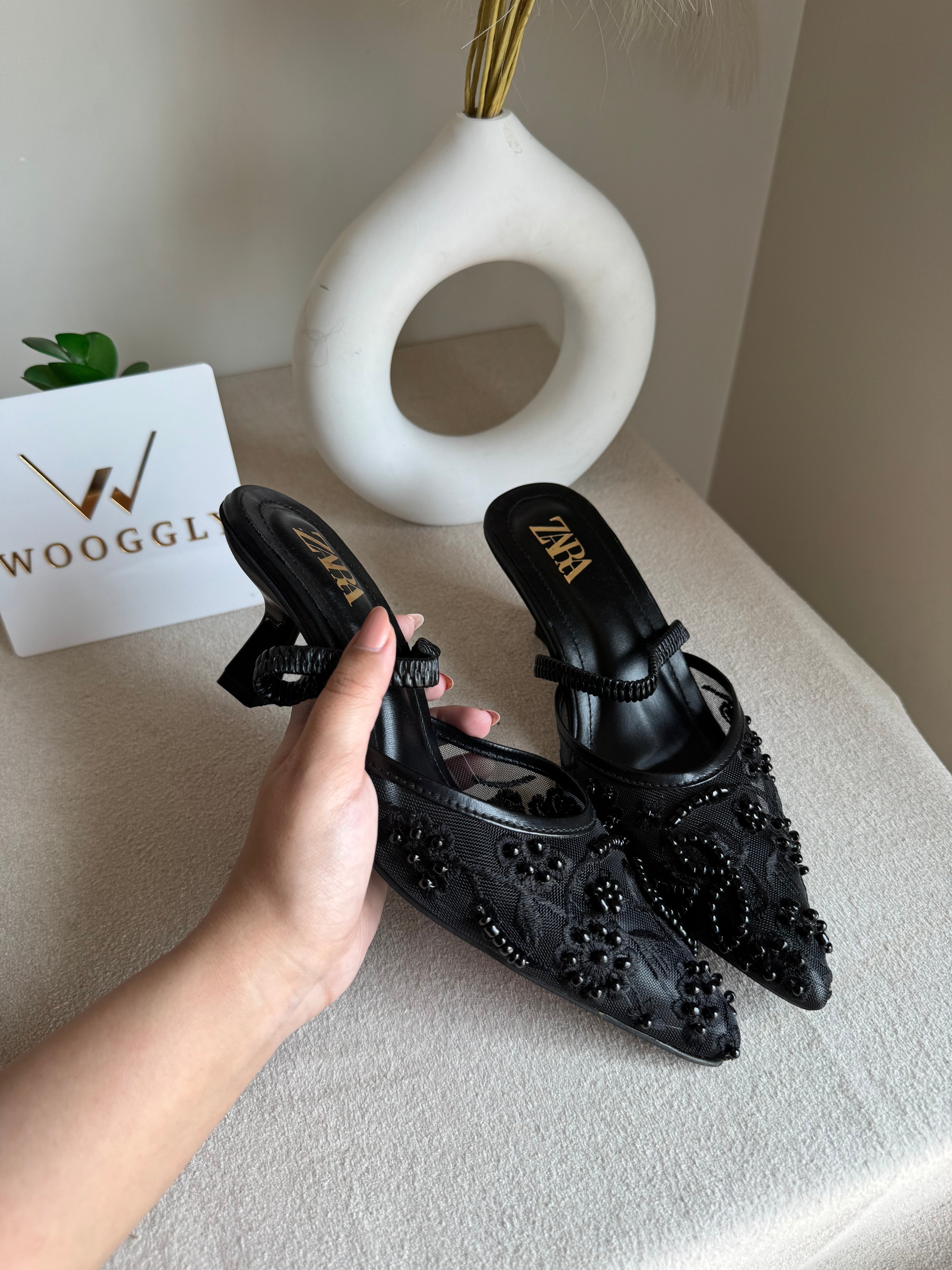 Zara Embroidered Net Heels - Black