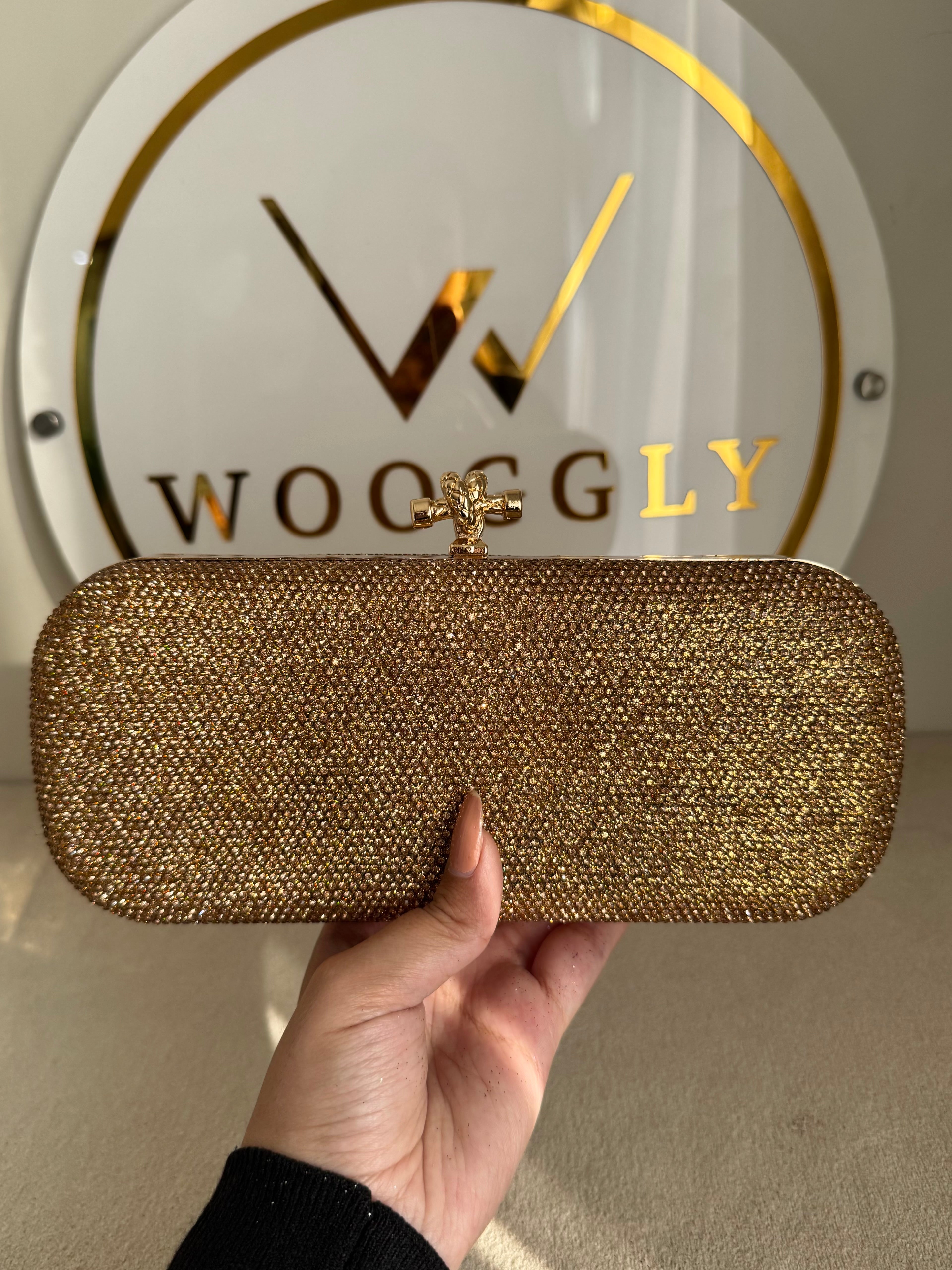 Bottega Shimmer Clutch - Champagne with Chain