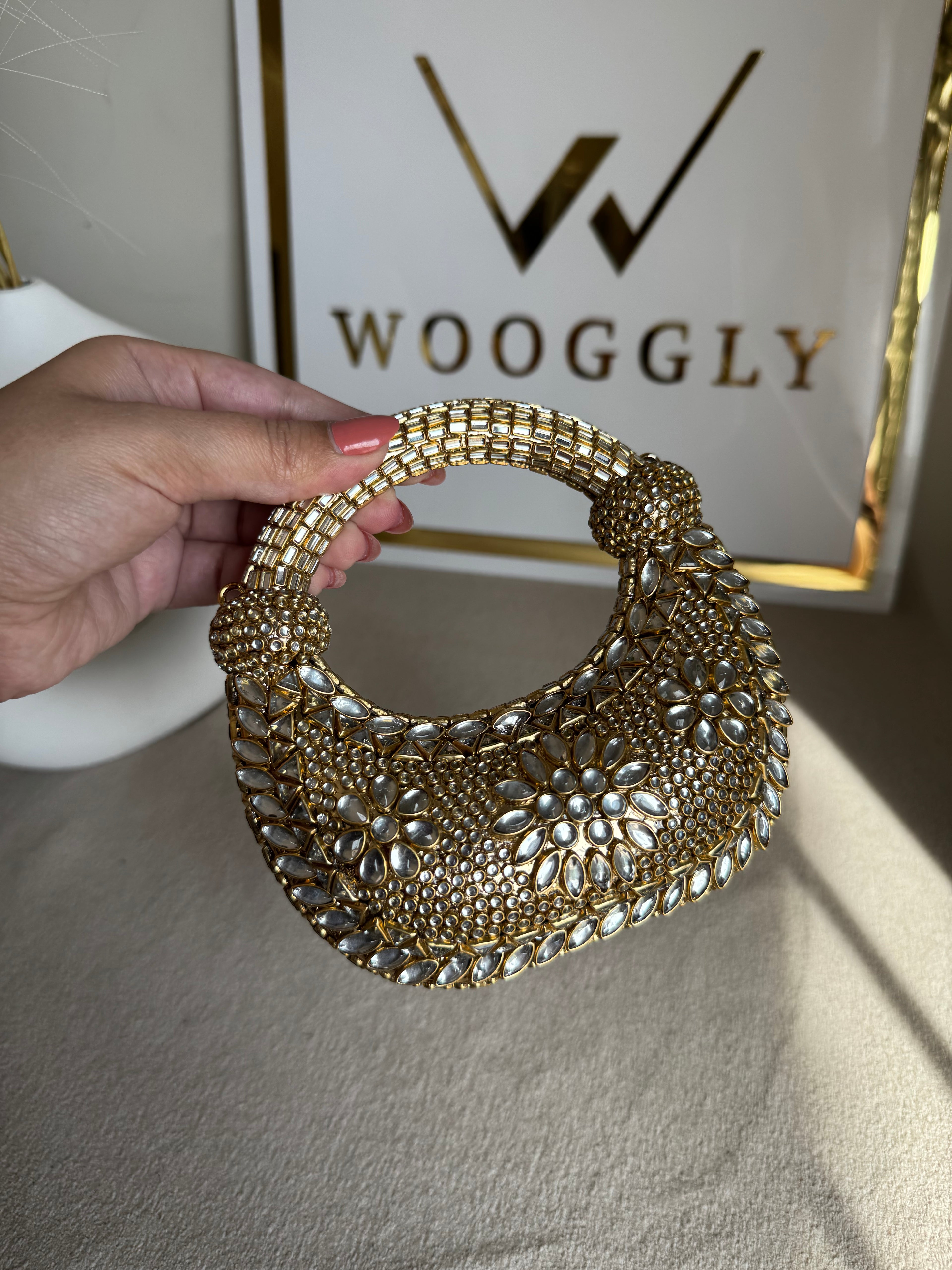 Kundan Classic Moon Clutch - Gold with Chain