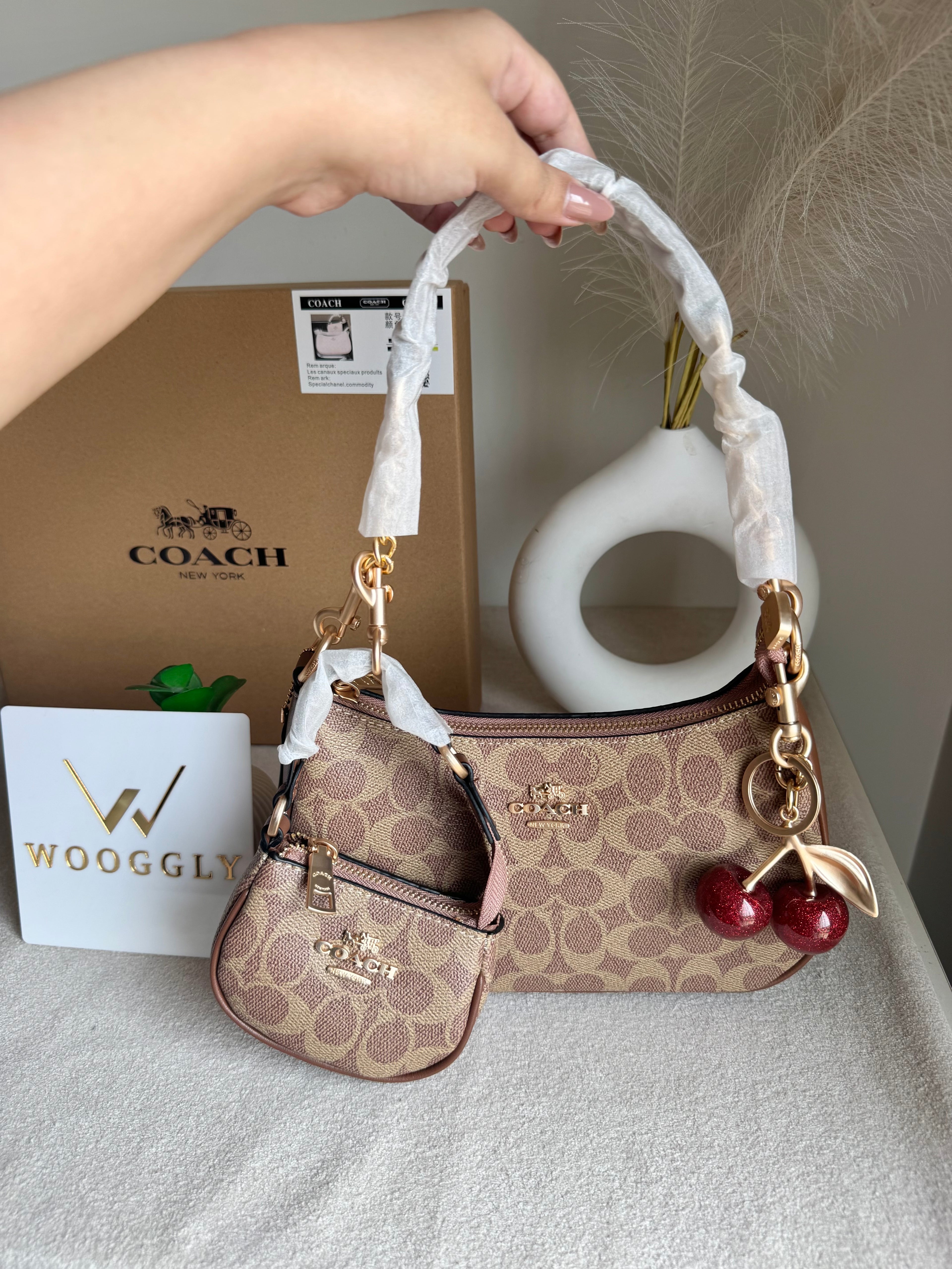 COACH Teri Gift Box with Baby Teri Charm & Coach Cherry Charm - Apricot Brown