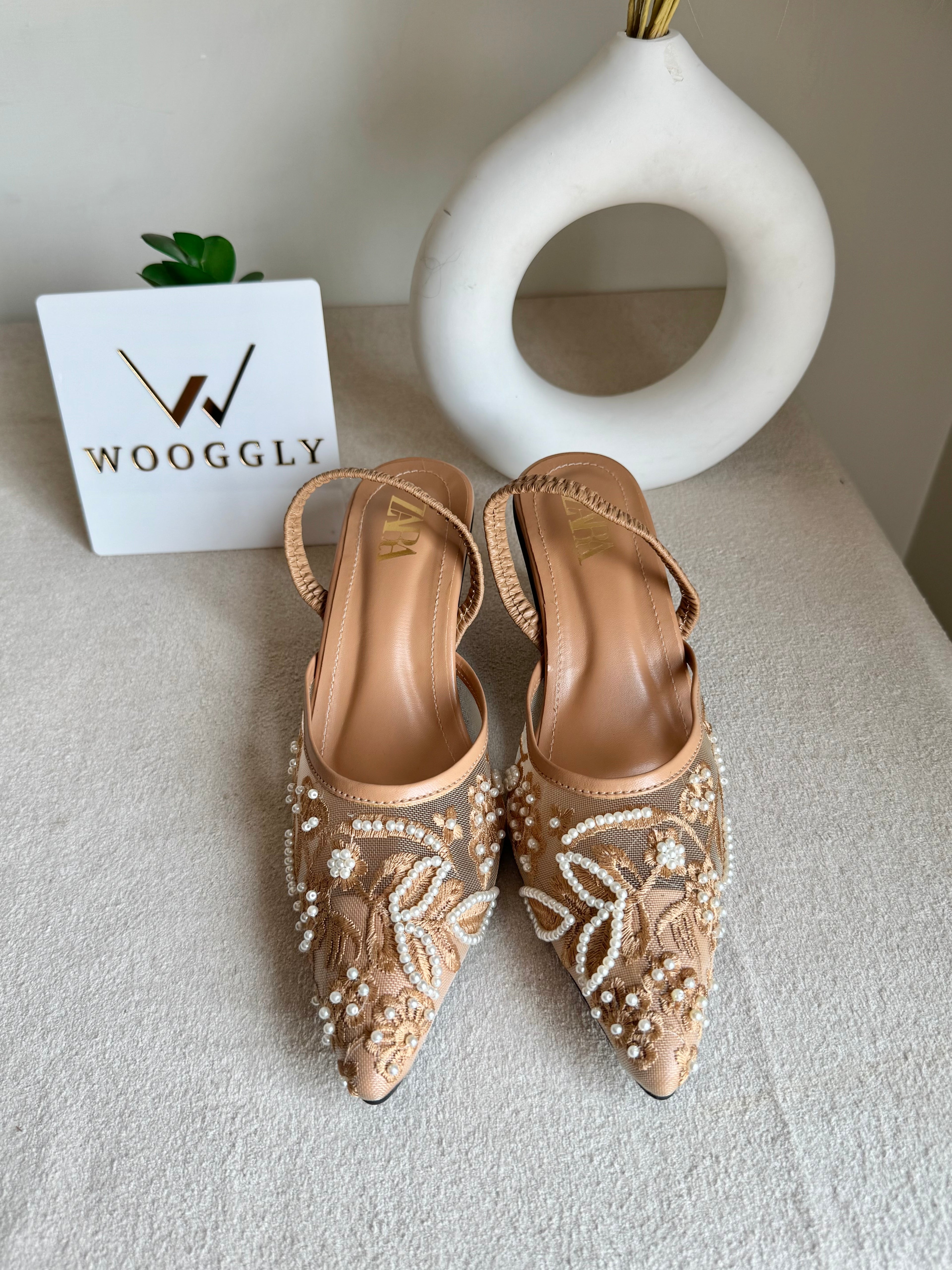 Zara Embroidered Net Heels - Beige