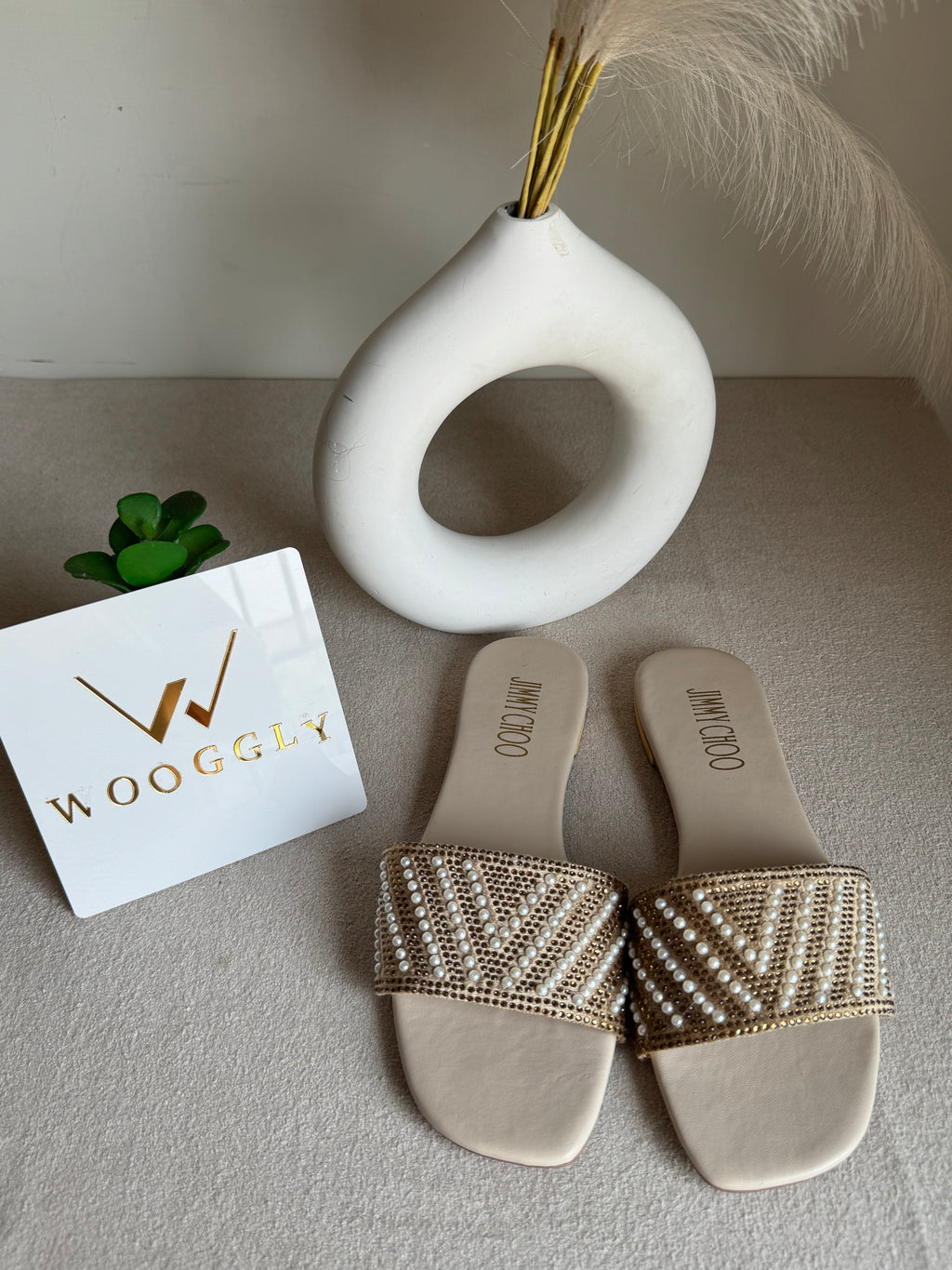 Jimmy Choo Glam Slides Beige with Pearl