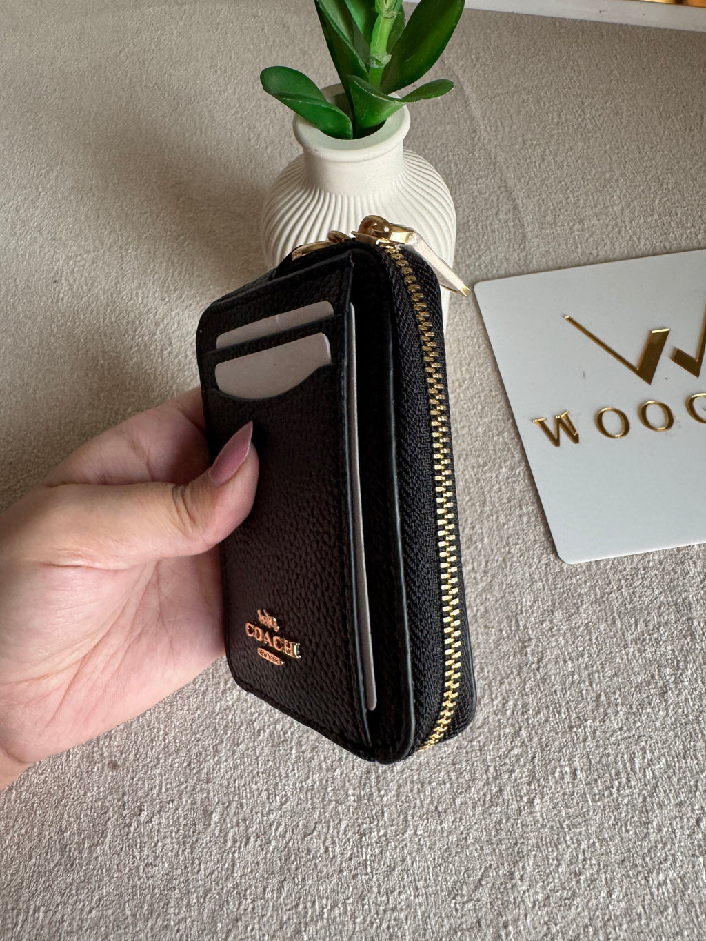 Coach Zip Card Case - Black with Gold Logo