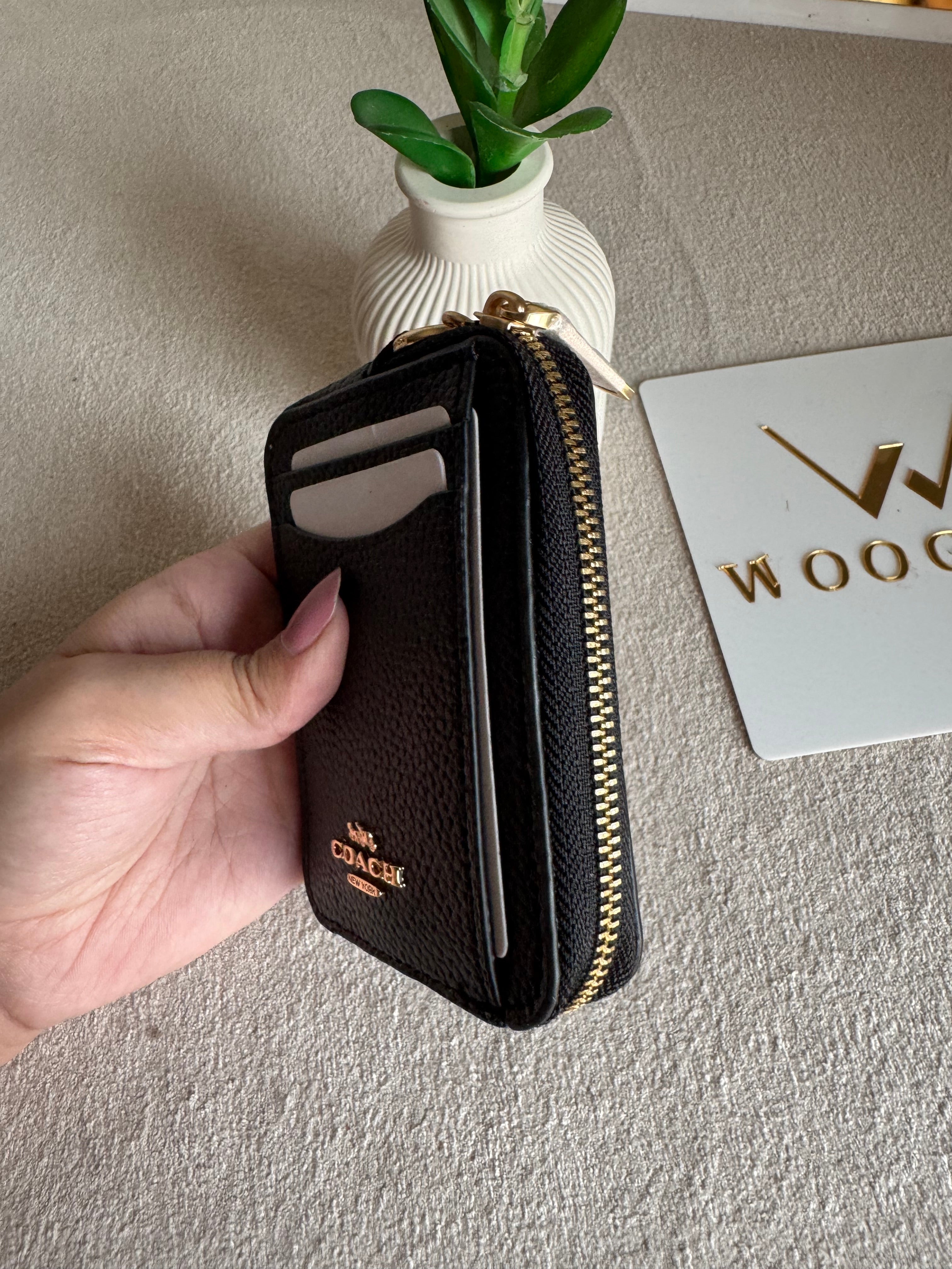 Coach Zip Card Case - Black with Gold Logo
