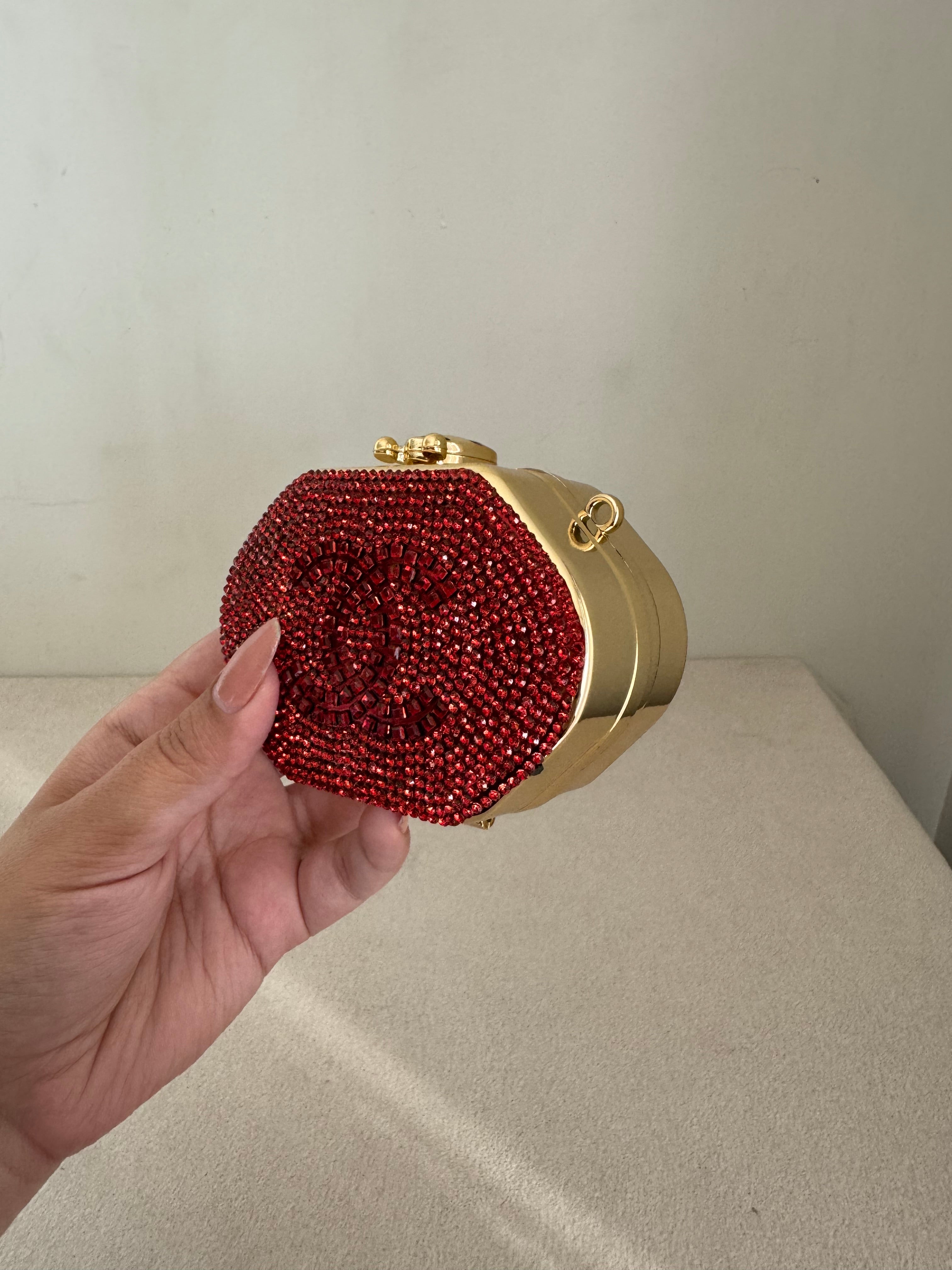 Mini Chanel Embellished Clutch with Chain - Red & Gold