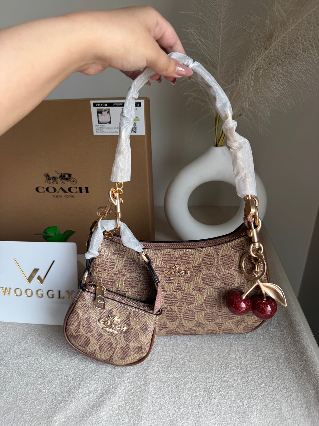 COACH Teri Gift Box with Baby Teri Charm & Coach Cherry Charm - Apricot Brown