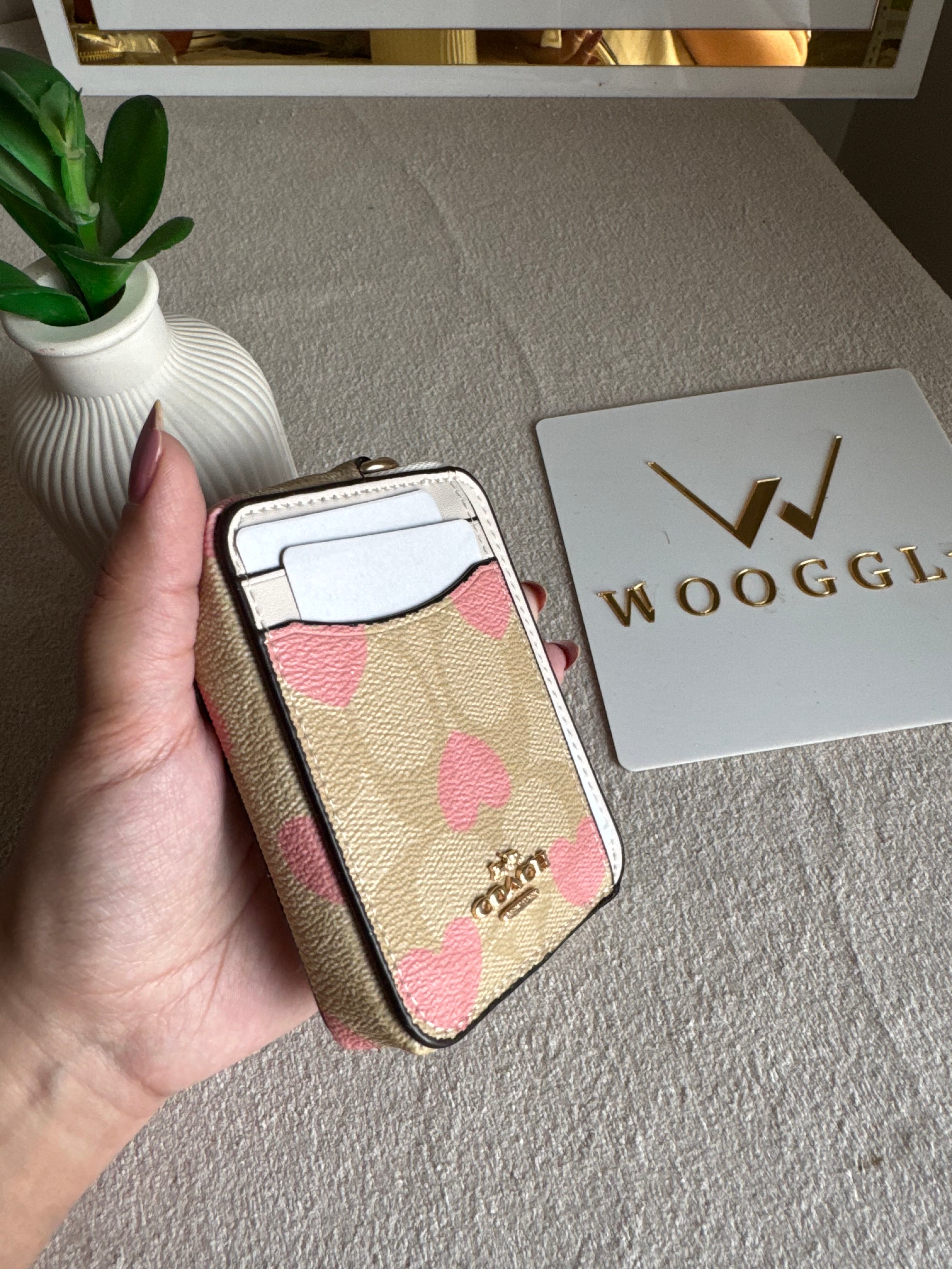 Coach Zip Card Case - Beige with Hearts