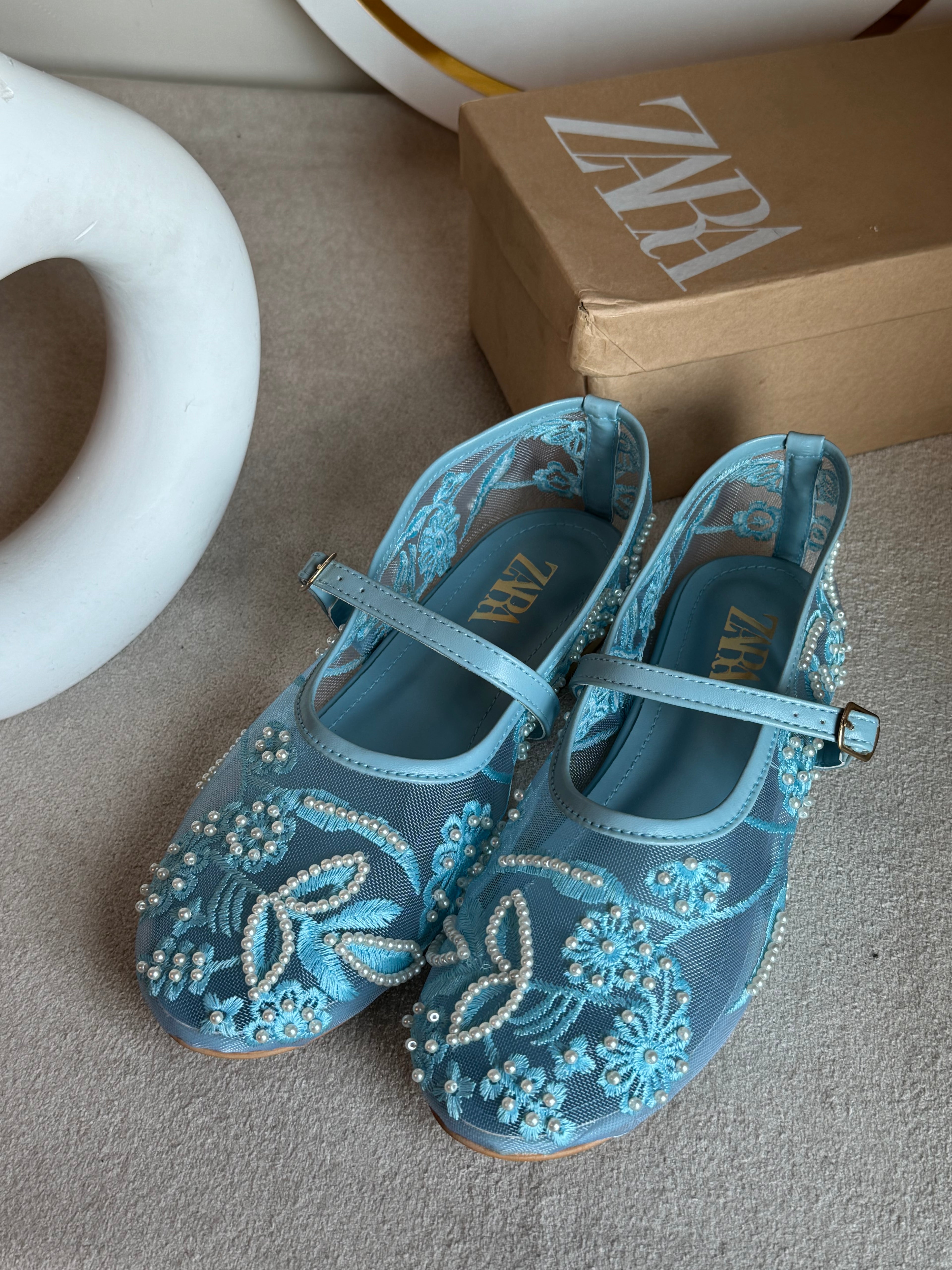 Zara Embroided Net Pumps - Baby Blue