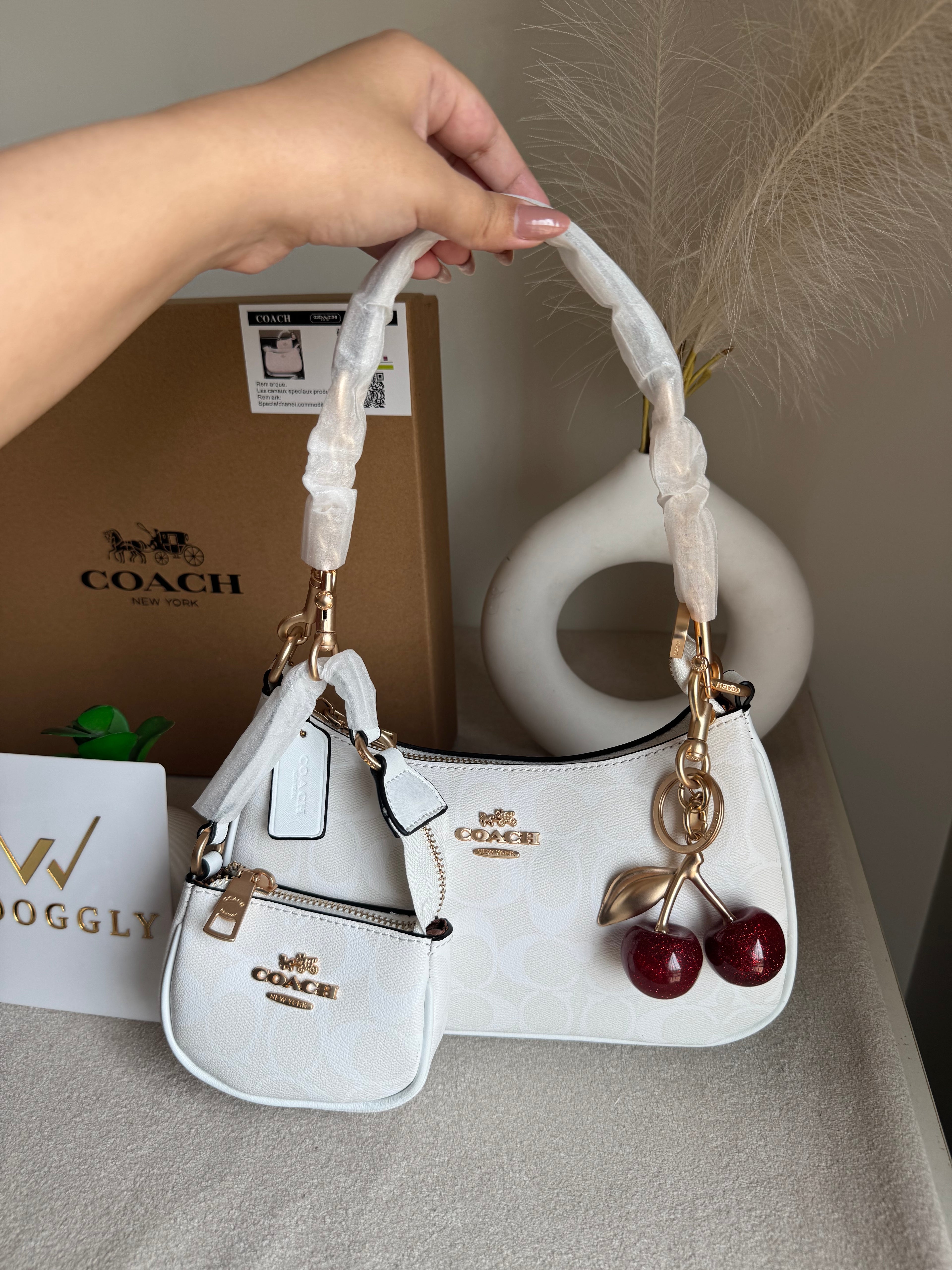 COACH Teri Gift Box with Baby Teri Charm & Coach Cherry Charm - Signature White