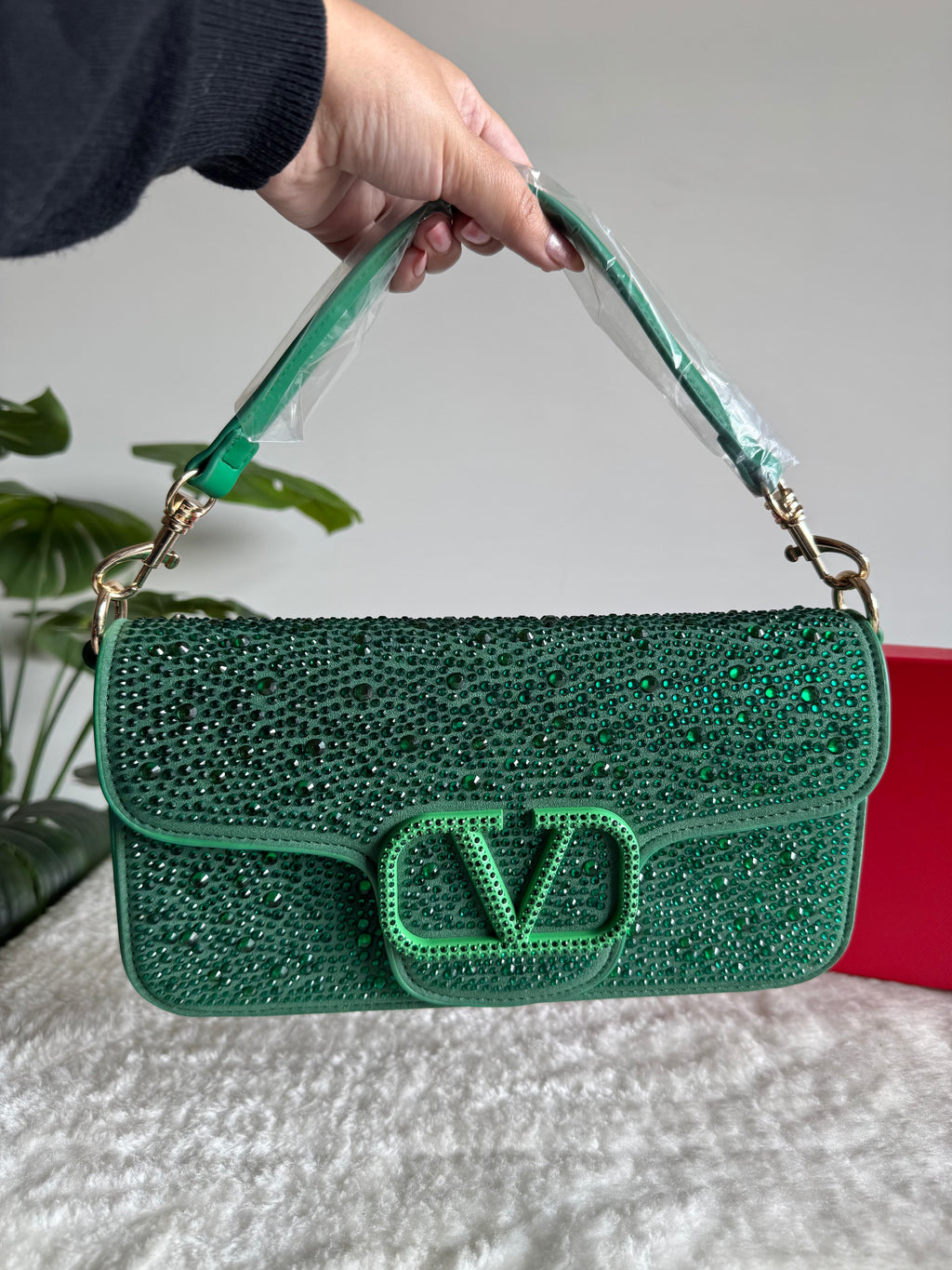 Valentino Loco Rhinestone PREMIUM Handbag with Box Packing - Emerald Green