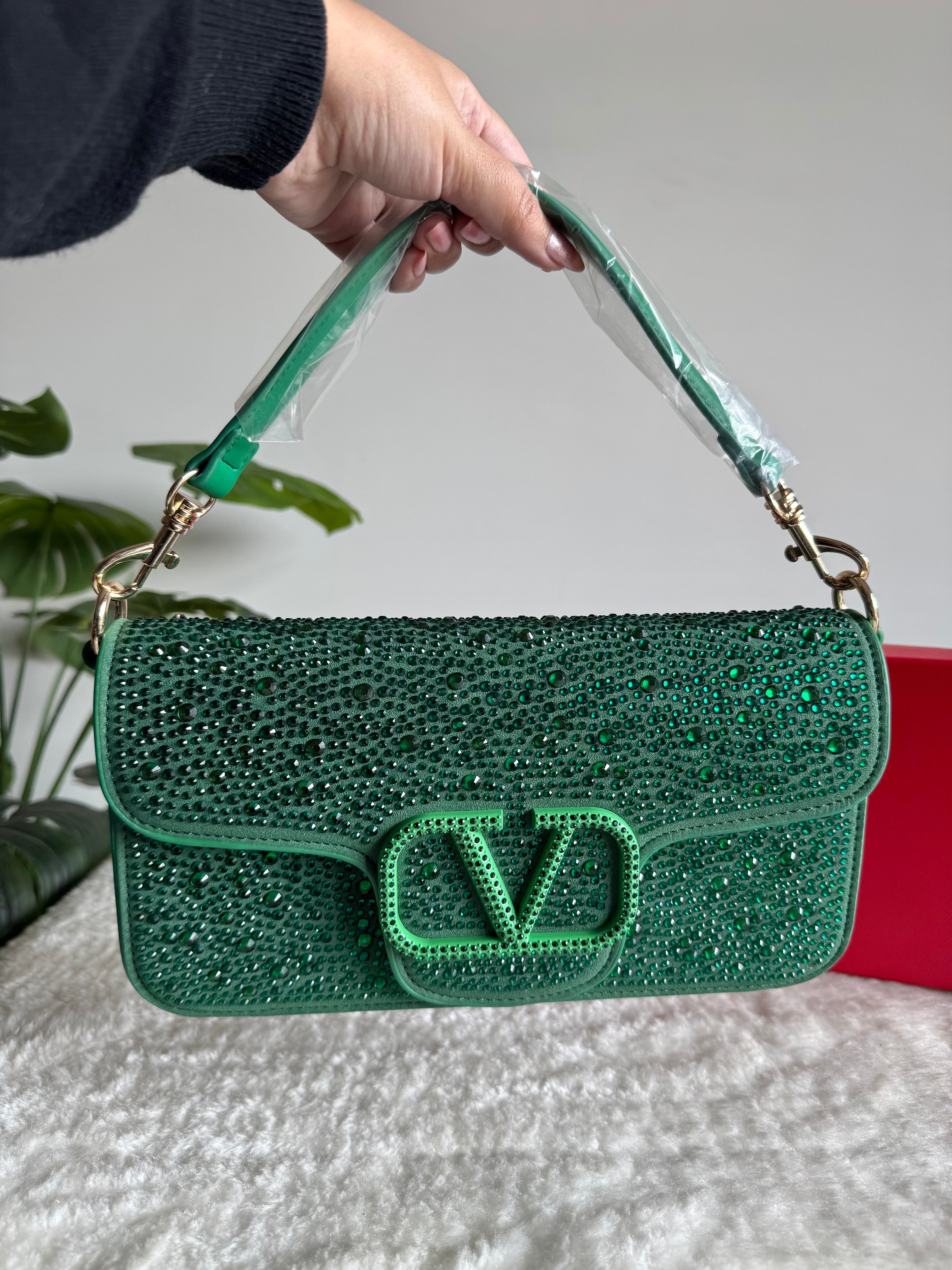 Valentino Loco Rhinestone PREMIUM Handbag with Box Packing - Emerald Green