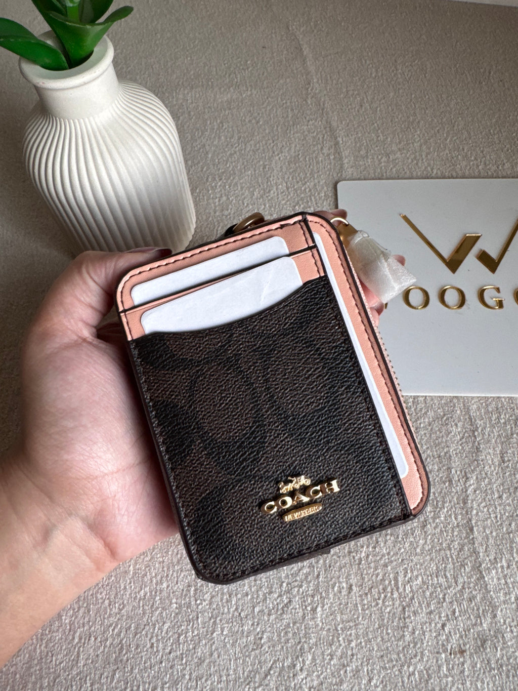 Coach Zip Card Case - Signature Brown with Peach