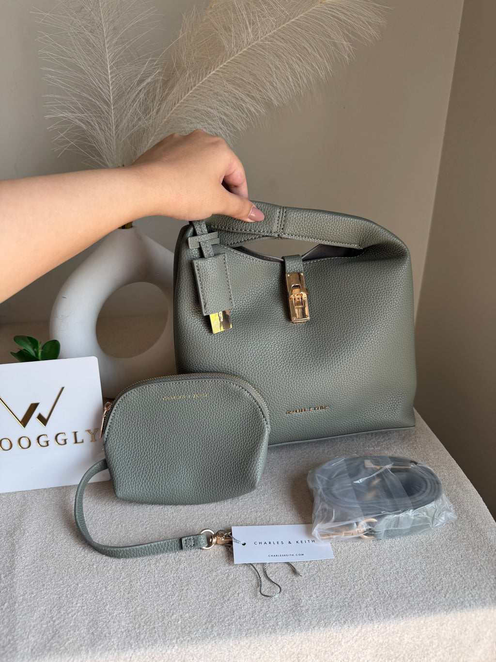 Premium C & K Bucket Bag with Small Pouch & PROPER PACKING Grey