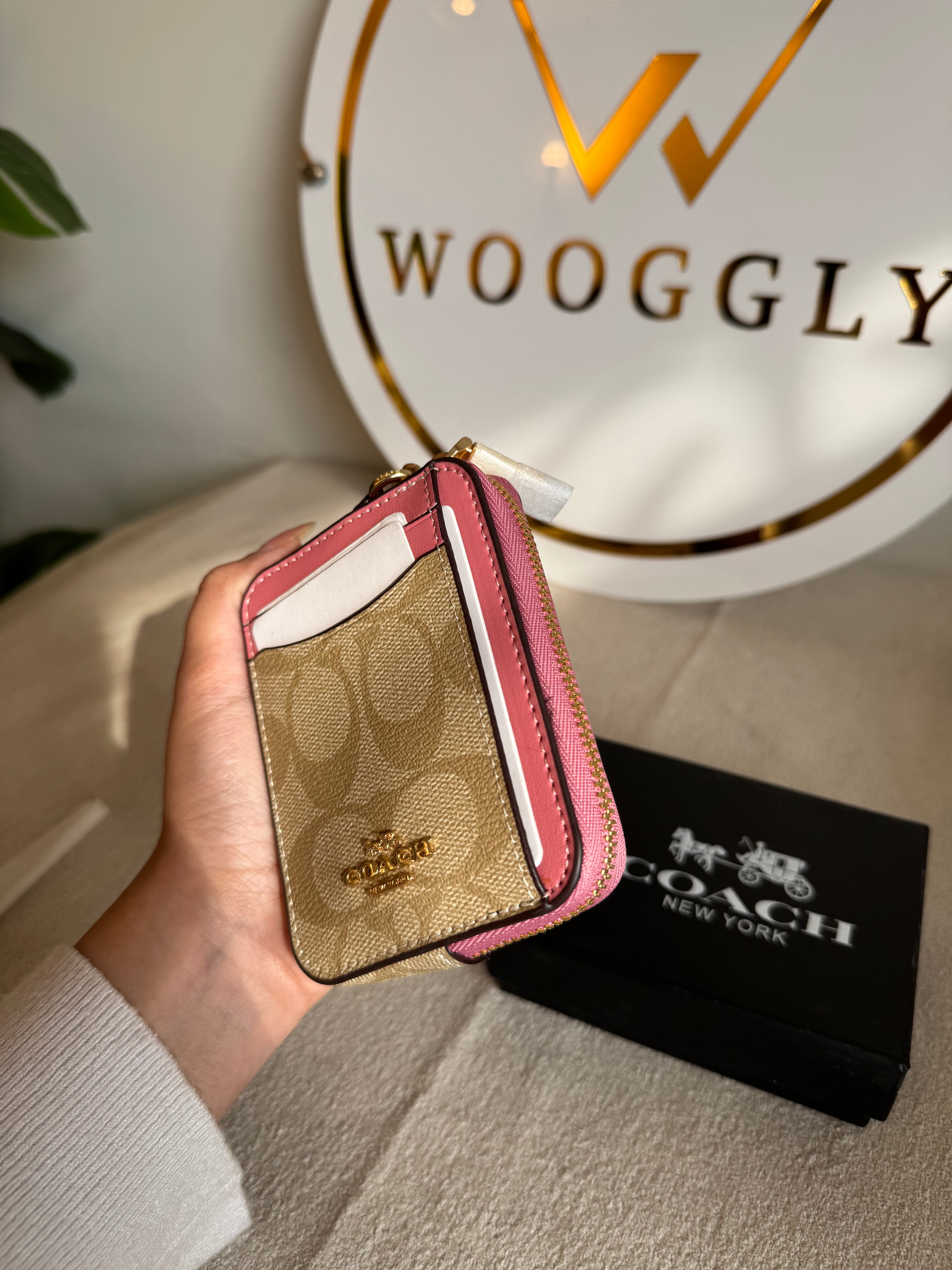 Coach Zip Card Case with Box Packing - Apricot Beige with Pink