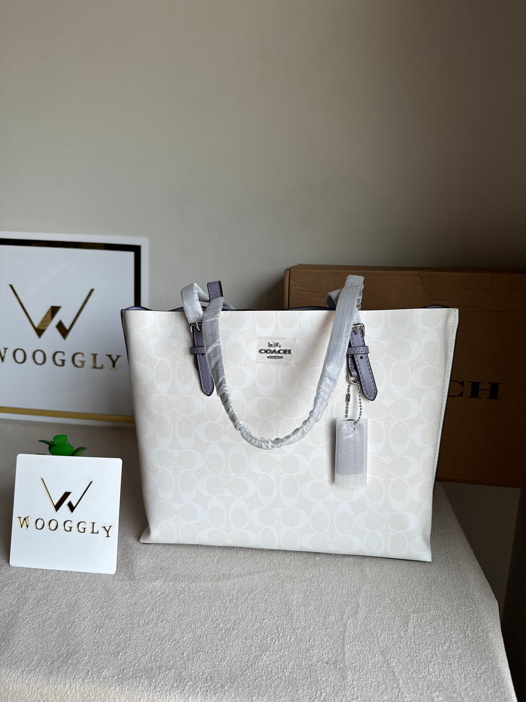EXTREMELY PREMIUM COACH Mollie Tote Bag - Signature White & Lilac (BOX PACKING)