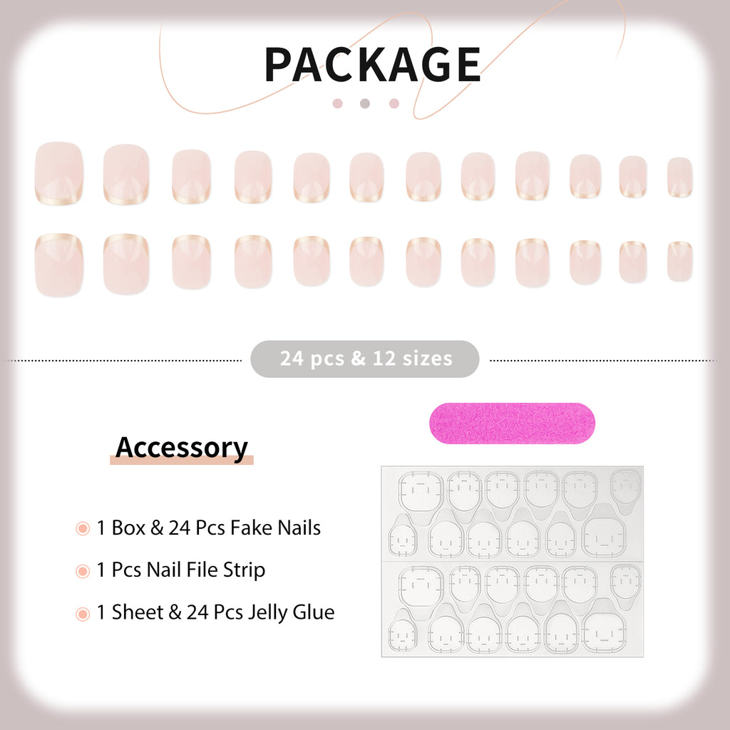 Pink & Gold Press On Nails - 24 Pieces Complete Kit
