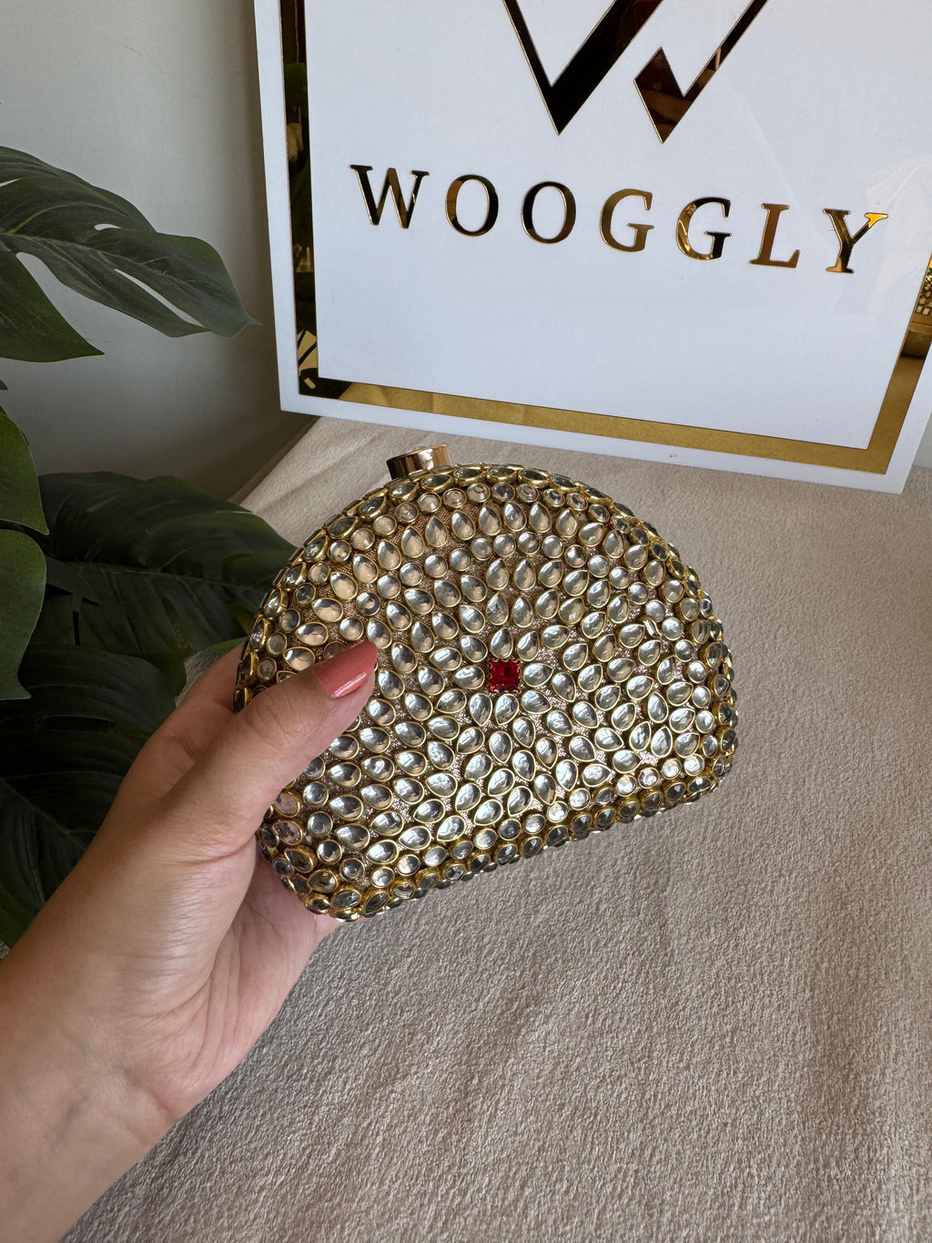 Afreen Kundan Clutch with Chain - Red Stone