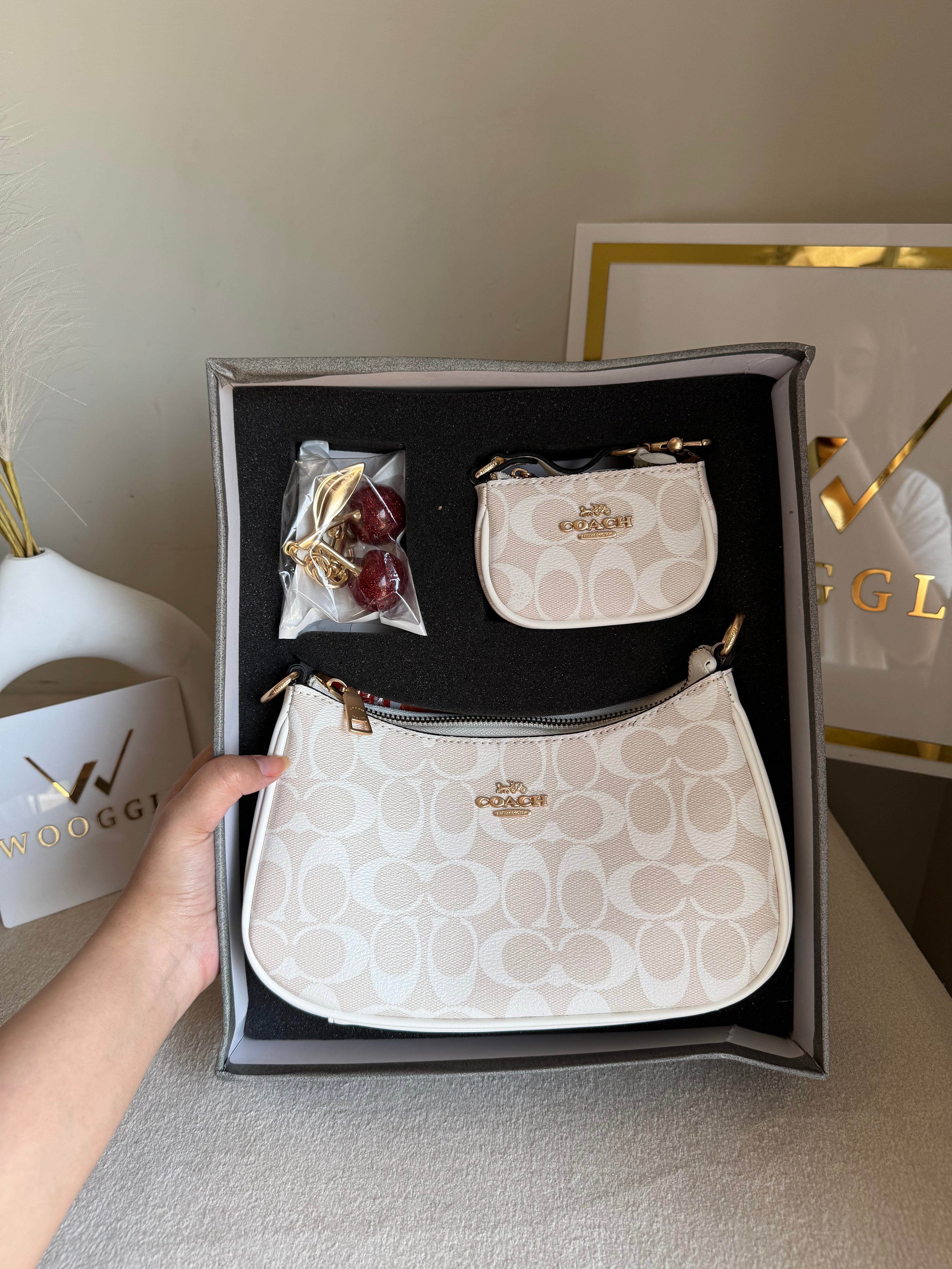COACH Teri Gift Box with Baby Teri Charm & Coach Cherry Charm - White